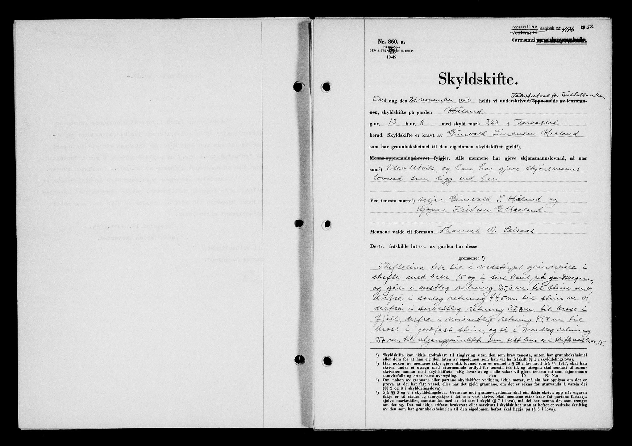 Karmsund sorenskriveri, SAST/A-100311/01/II/IIB/L0122: Pantebok nr. 102A, 1956-1956, Dagboknr: 4176/1956