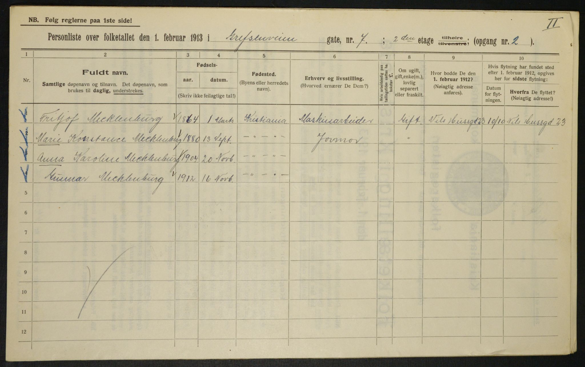 OBA, Kommunal folketelling 1.2.1913 for Kristiania, 1913, s. 29615