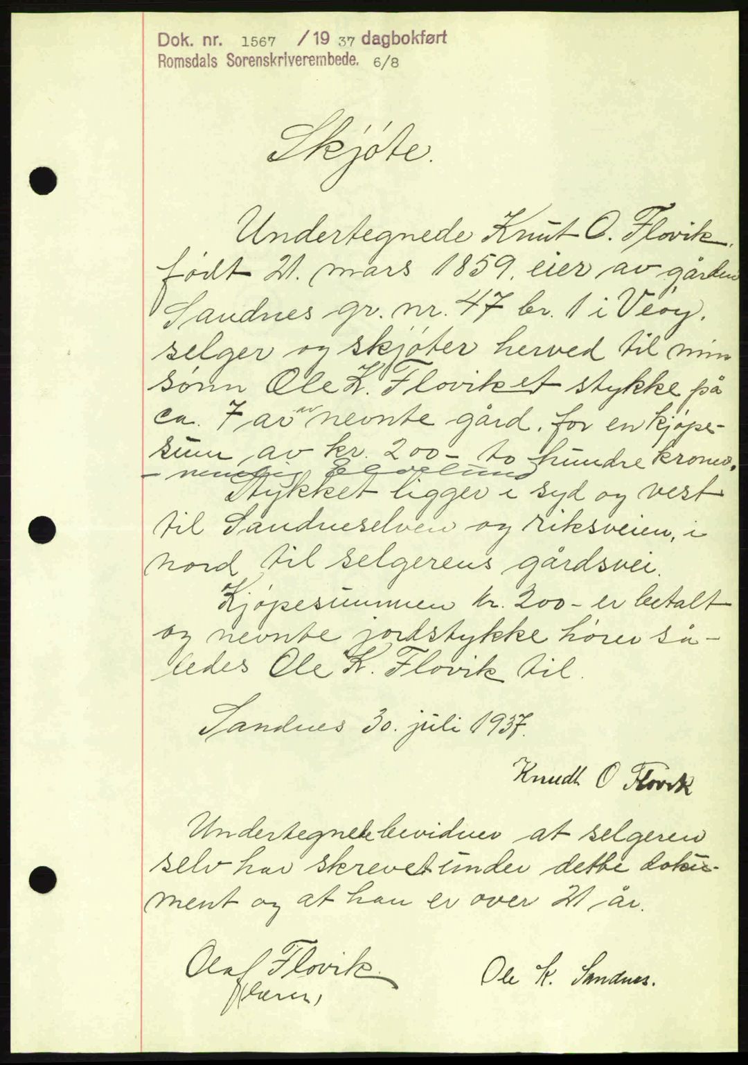 Romsdal sorenskriveri, SAT/A-4149/1/2/2C: Pantebok nr. A3, 1937-1937, Dagboknr: 1567/1937