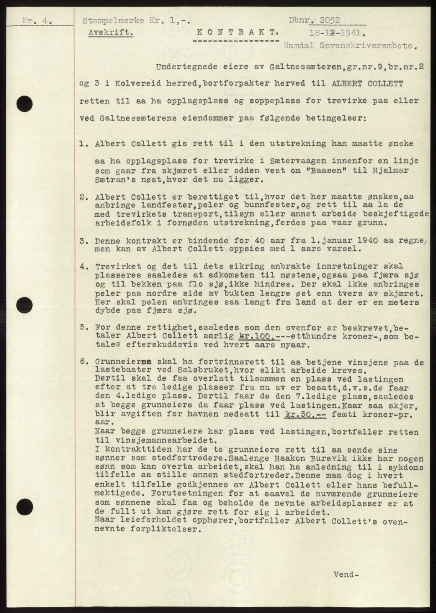 Namdal sorenskriveri, SAT/A-4133/1/2/2C: Pantebok nr. -, 1941-1942, Dagboknr: 2052/1941