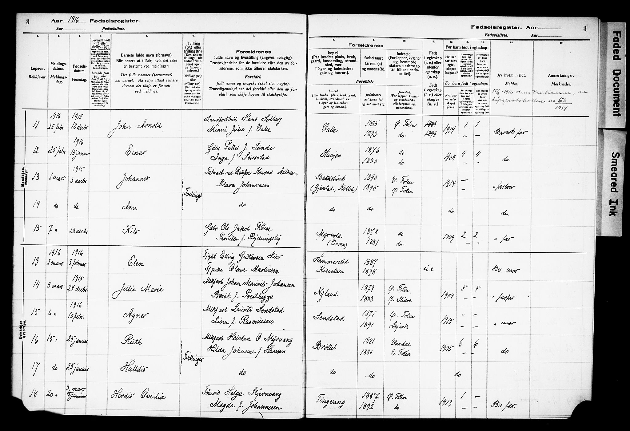 Østre Toten prestekontor, SAH/PREST-104/I/Id/L0001/0001: Fødselsregister nr. 1.1, 1916-1928, s. 3