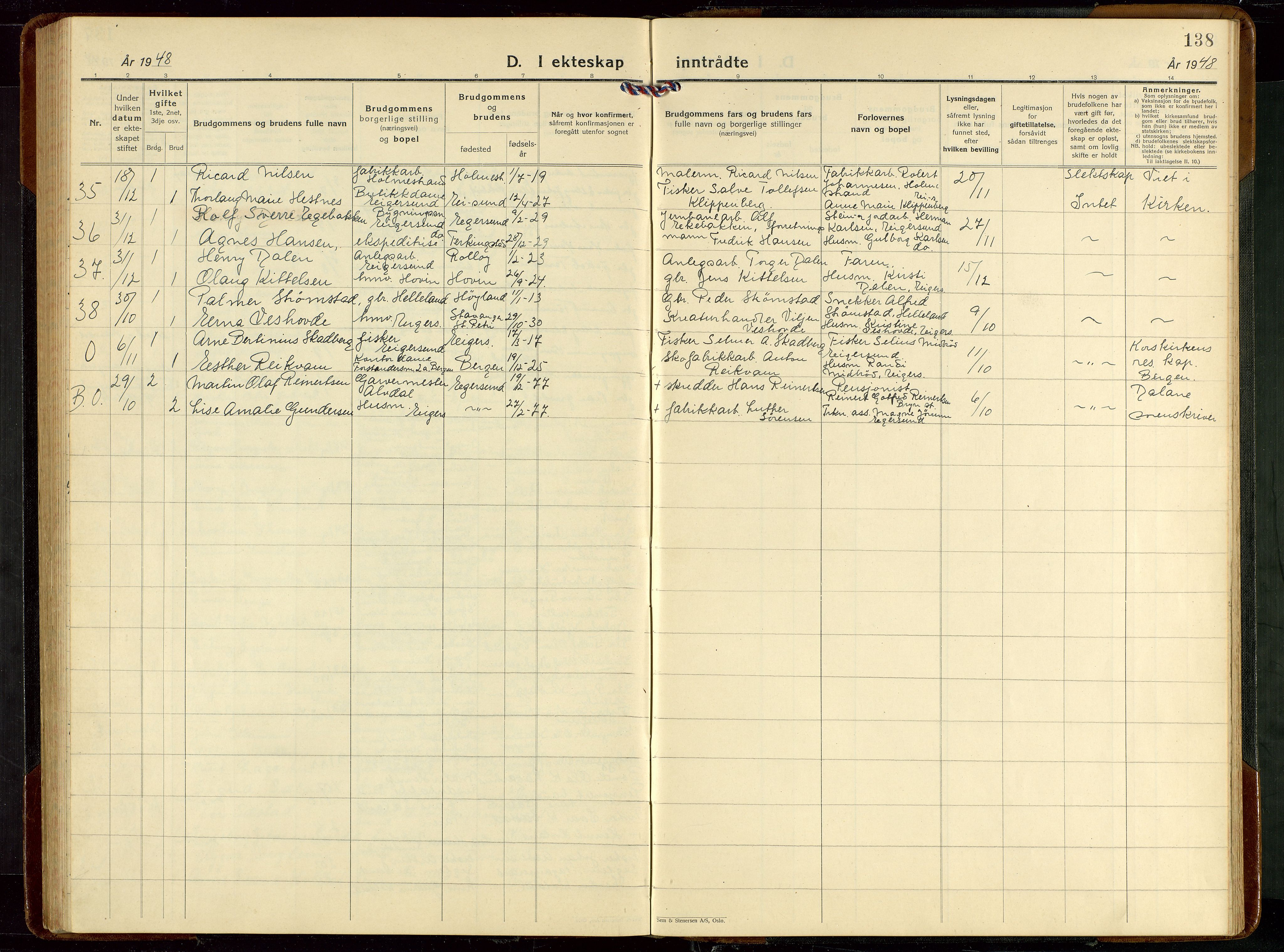 Eigersund sokneprestkontor, AV/SAST-A-101807/S09/L0013: Klokkerbok nr. B 13, 1931-1949, s. 138