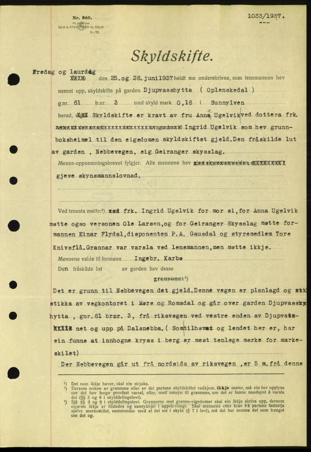 Nordre Sunnmøre sorenskriveri, SAT/A-0006/1/2/2C/2Ca: Pantebok nr. A3, 1937-1937, Dagboknr: 1033/1937