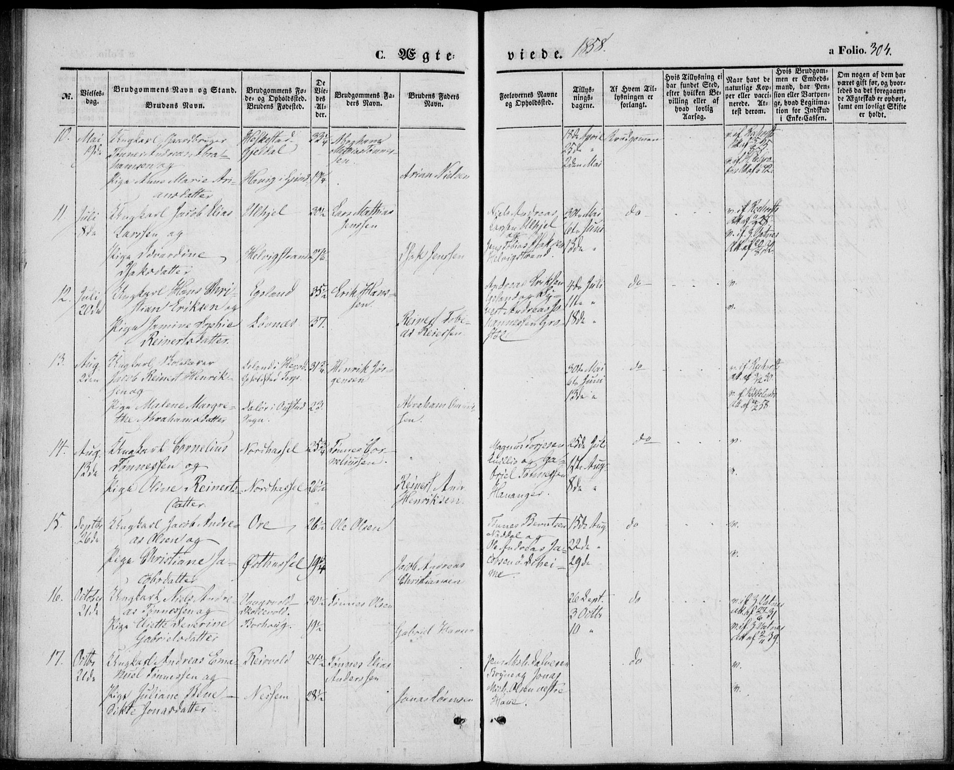 Lista sokneprestkontor, AV/SAK-1111-0027/F/Fb/L0002: Klokkerbok nr. B 2, 1847-1862, s. 304