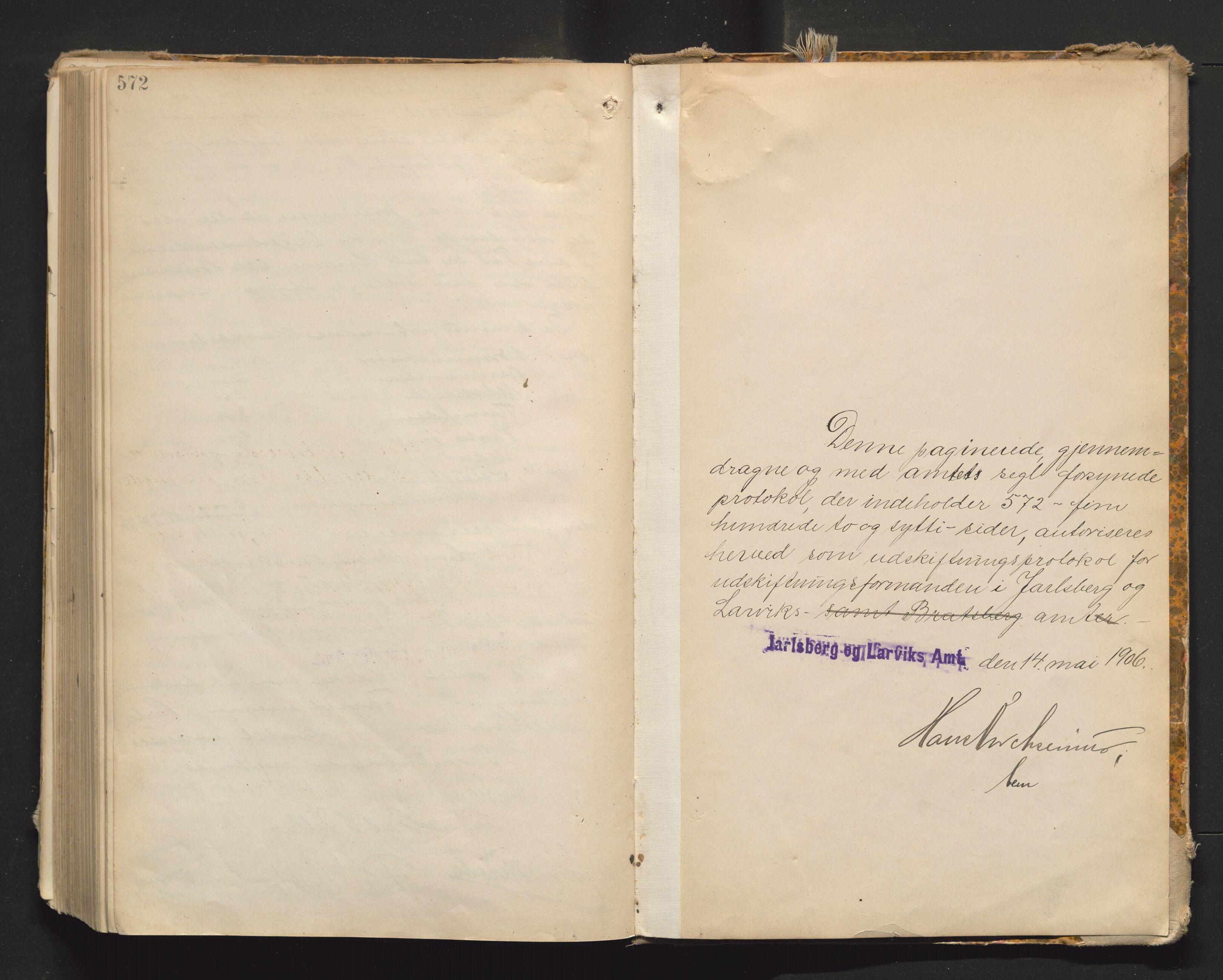 Utskiftningsvesenet i Vestfold, AV/SAKO-A-797/F/Fa/L0006: Rettsbok (forhandlingsprotokoll), 1906-1911, s. 572-573