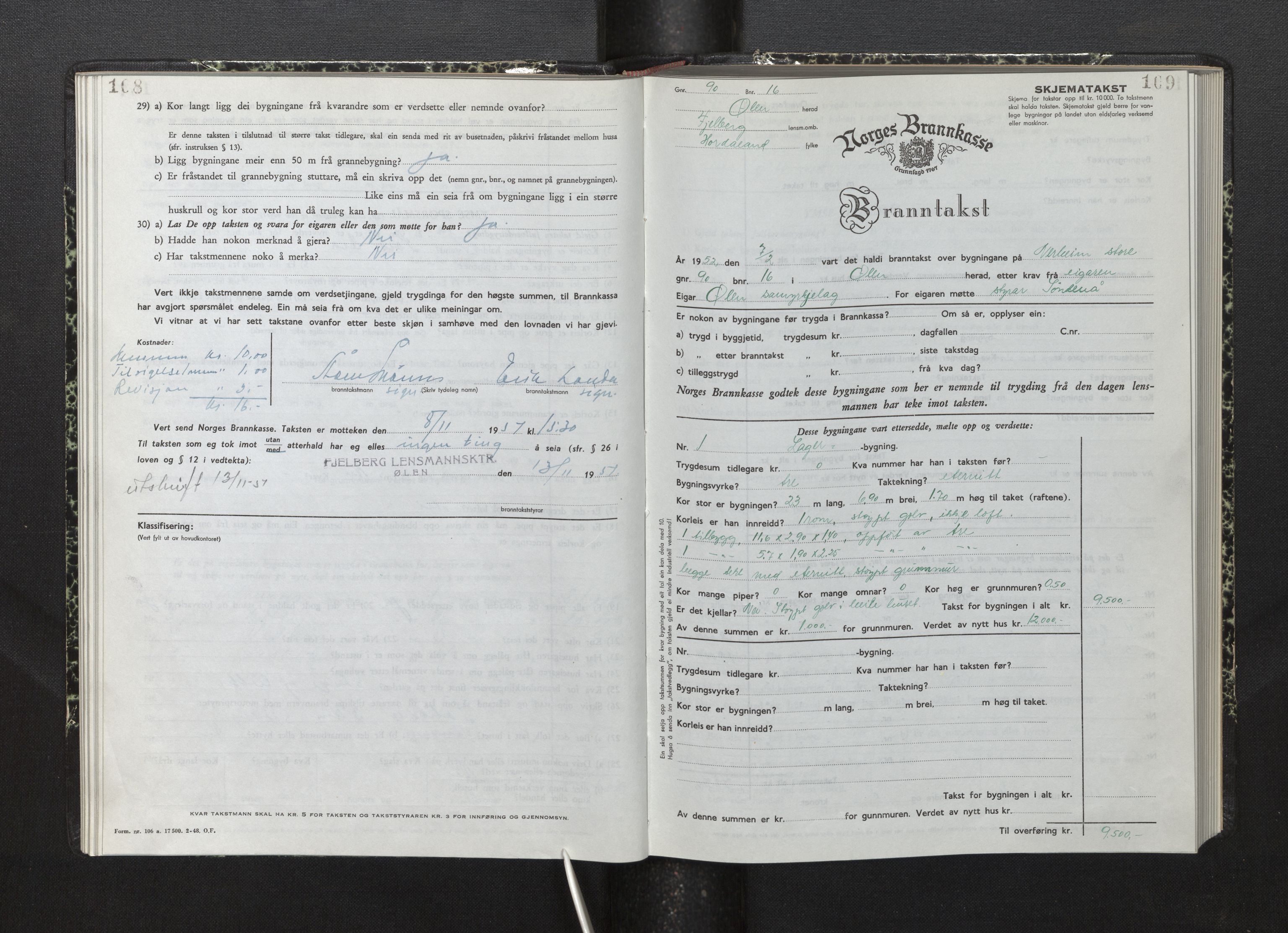 Lensmannen i Fjelberg, AV/SAB-A-32101/0012/L0008: Branntakstprotokoll, skjematakst, 1949-1955, s. 108-109