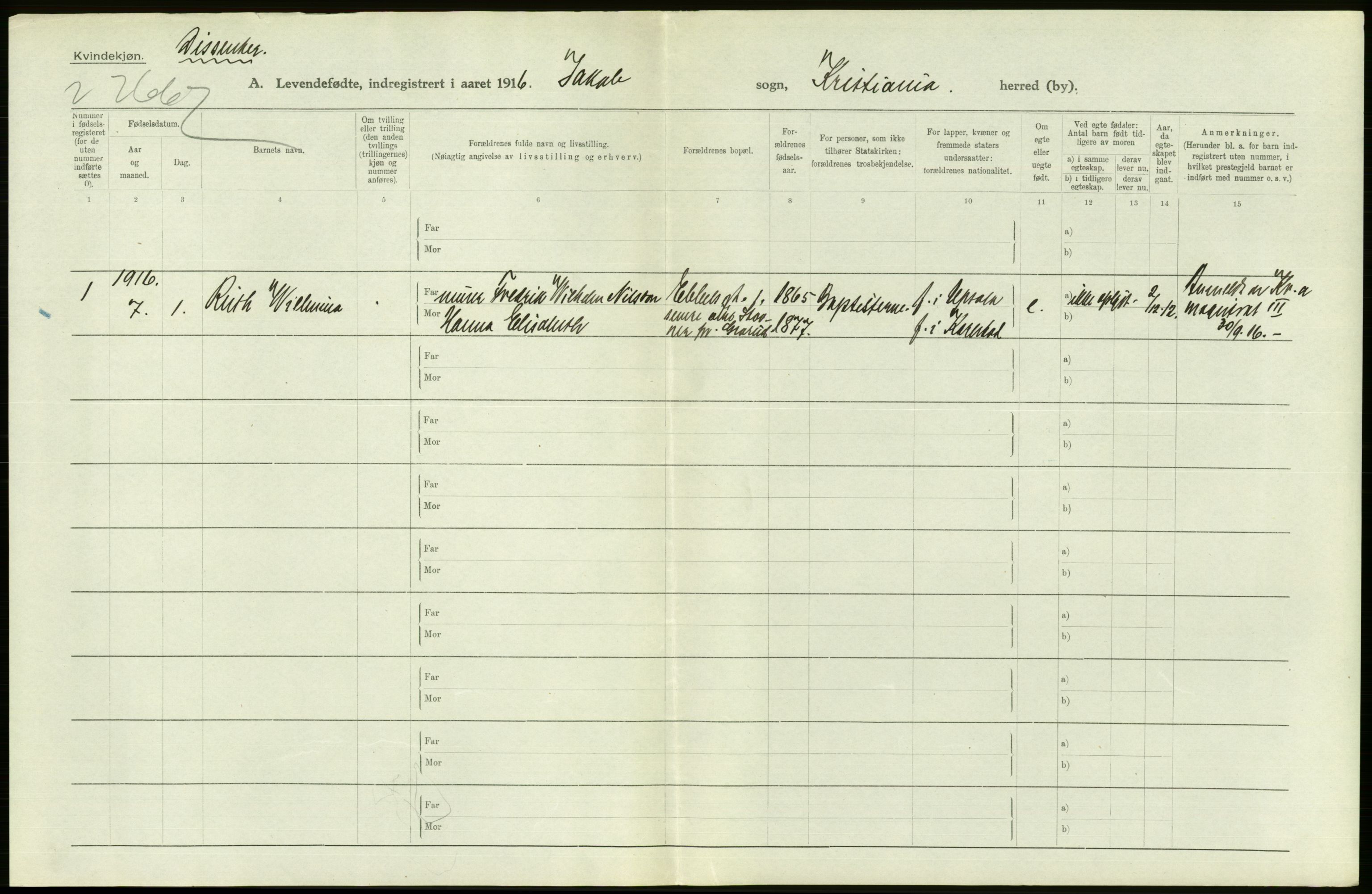 Statistisk sentralbyrå, Sosiodemografiske emner, Befolkning, AV/RA-S-2228/D/Df/Dfb/Dfbf/L0007: Kristiania: Levendefødte menn og kvinner., 1916, s. 554