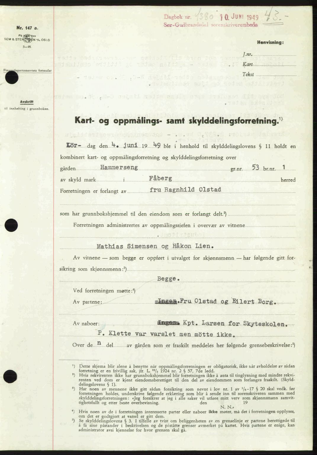 Sør-Gudbrandsdal tingrett, SAH/TING-004/H/Hb/Hbd/L0025: Pantebok nr. A25, 1949-1949, Dagboknr: 1380/1949