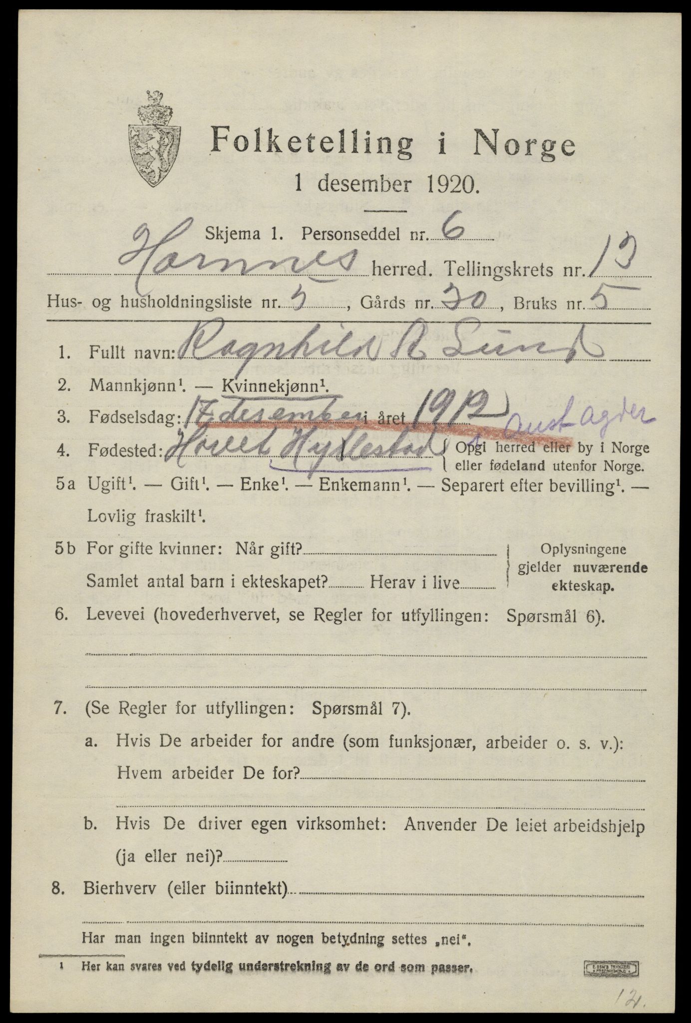 SAK, Folketelling 1920 for 0936 Hornnes herred, 1920, s. 3115
