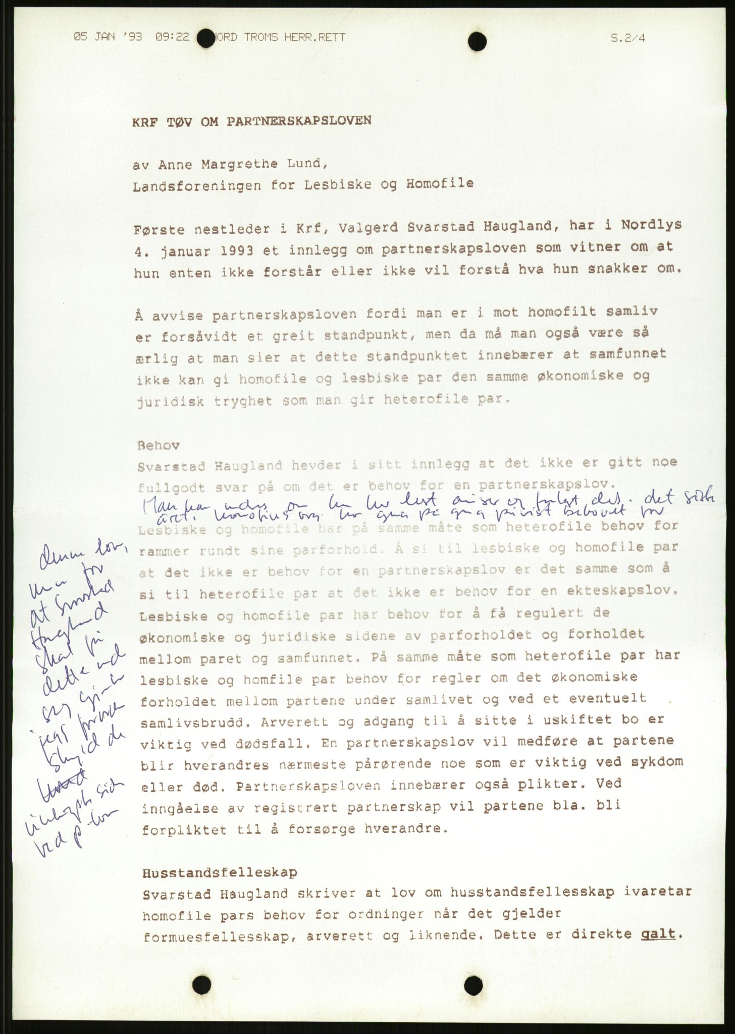 Det Norske Forbundet av 1948/Landsforeningen for Lesbisk og Homofil Frigjøring, AV/RA-PA-1216/D/Da/L0001: Partnerskapsloven, 1990-1993, s. 1435