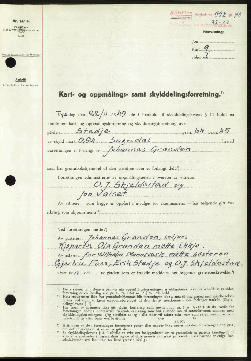 Indre Sogn tingrett, SAB/A-3301/1/G/Gb/Gbb/L0010: Pantebok nr. A10, 1949-1949, Dagboknr: 992/1949