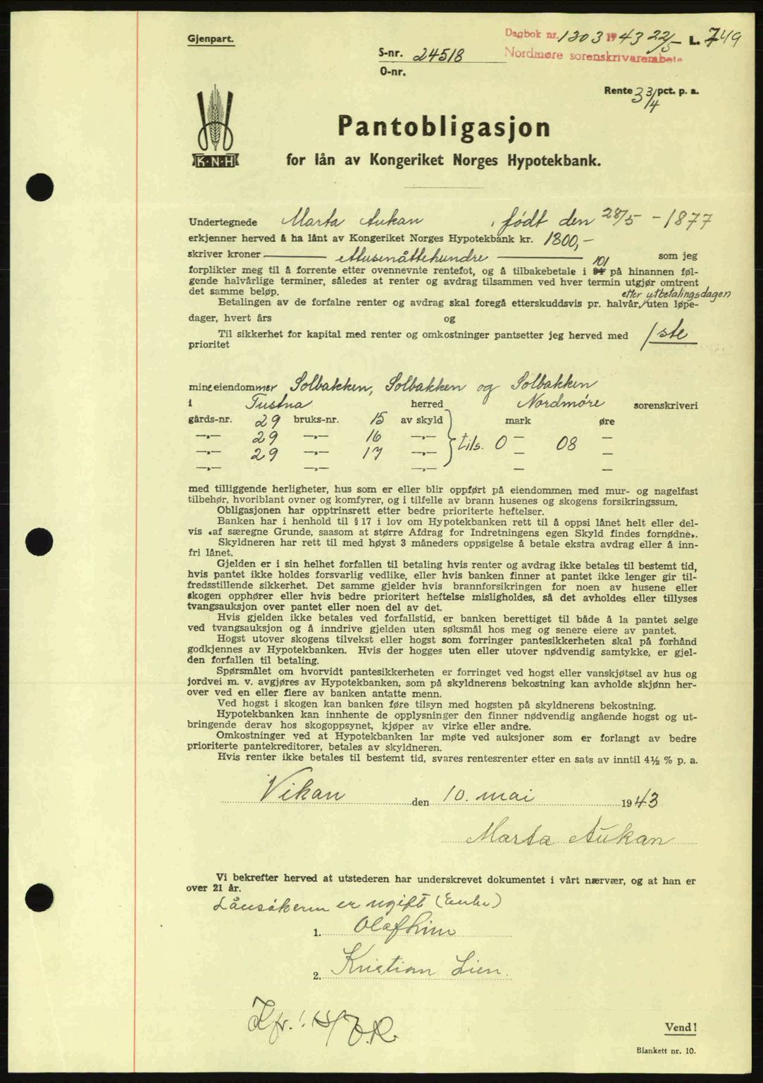 Nordmøre sorenskriveri, AV/SAT-A-4132/1/2/2Ca: Pantebok nr. B90, 1942-1943, Dagboknr: 1303/1943