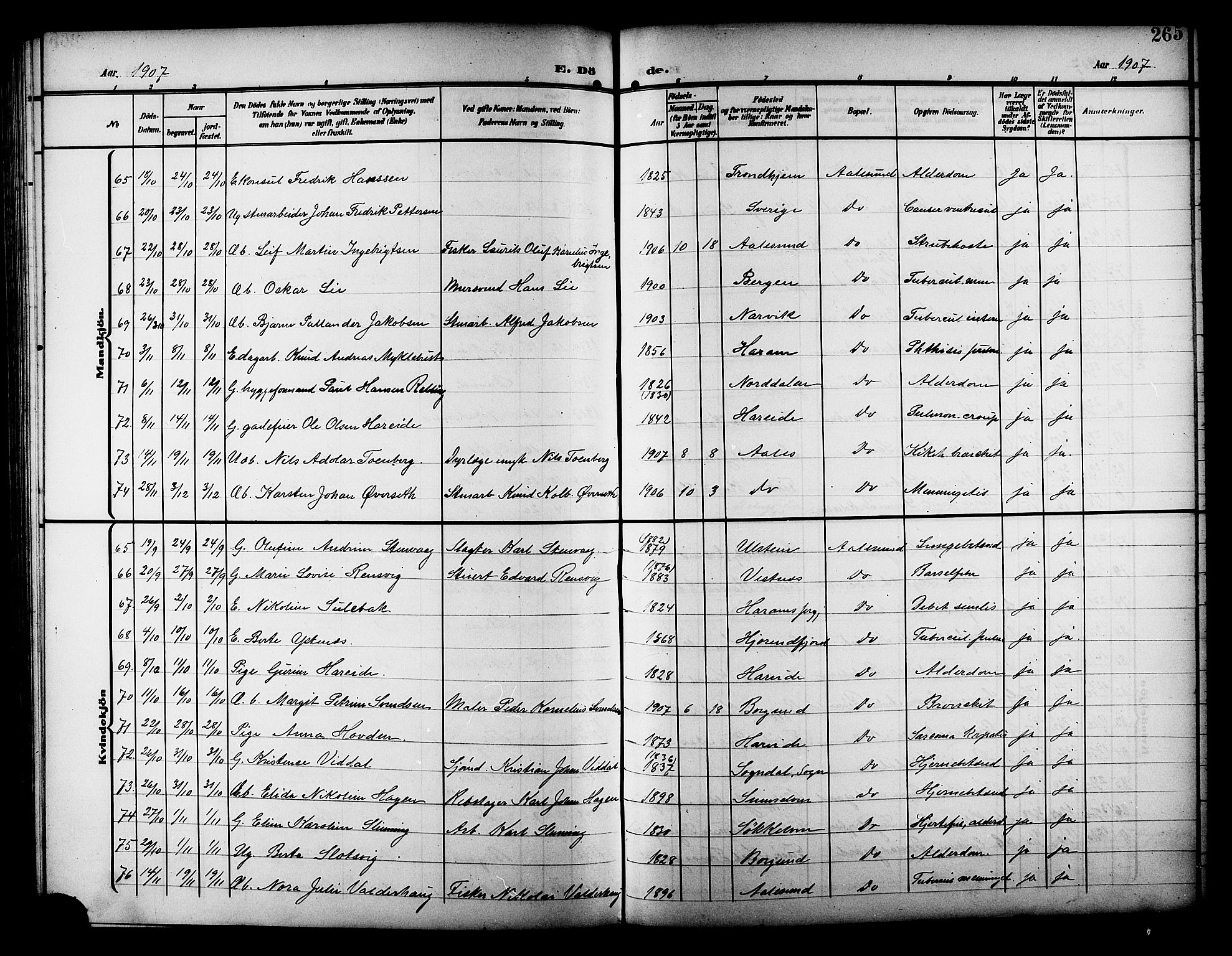 Ministerialprotokoller, klokkerbøker og fødselsregistre - Møre og Romsdal, SAT/A-1454/529/L0470: Klokkerbok nr. 529C07, 1907-1917, s. 265