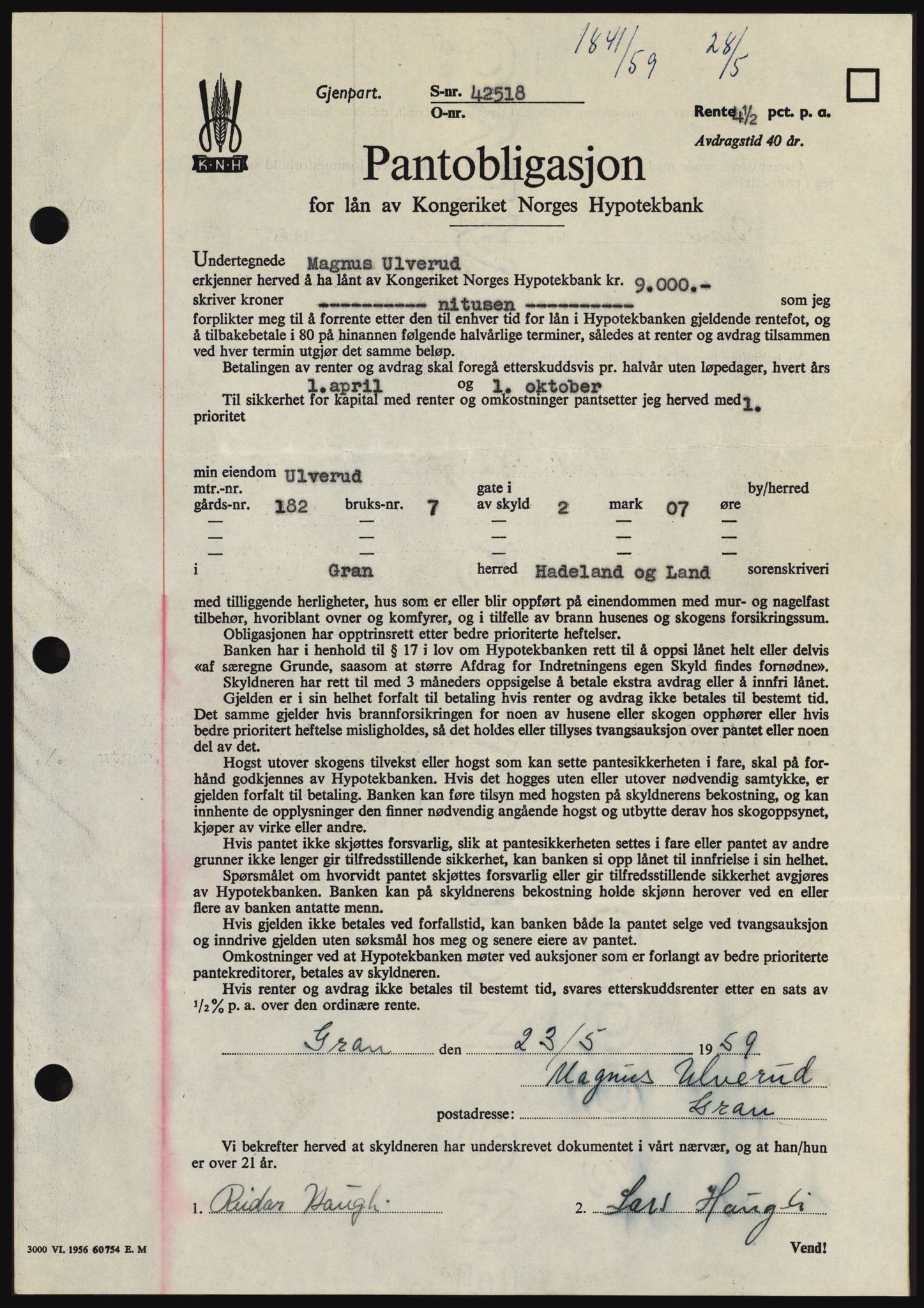 Hadeland og Land tingrett, SAH/TING-010/H/Hb/Hbc/L0040: Pantebok nr. B40, 1959-1959, Dagboknr: 1841/1959