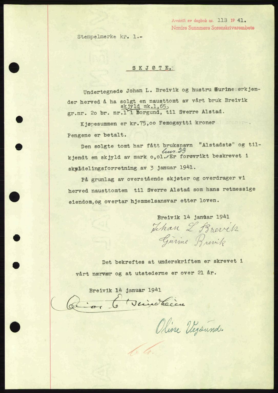 Nordre Sunnmøre sorenskriveri, SAT/A-0006/1/2/2C/2Ca: Pantebok nr. A10, 1940-1941, Dagboknr: 113/1941