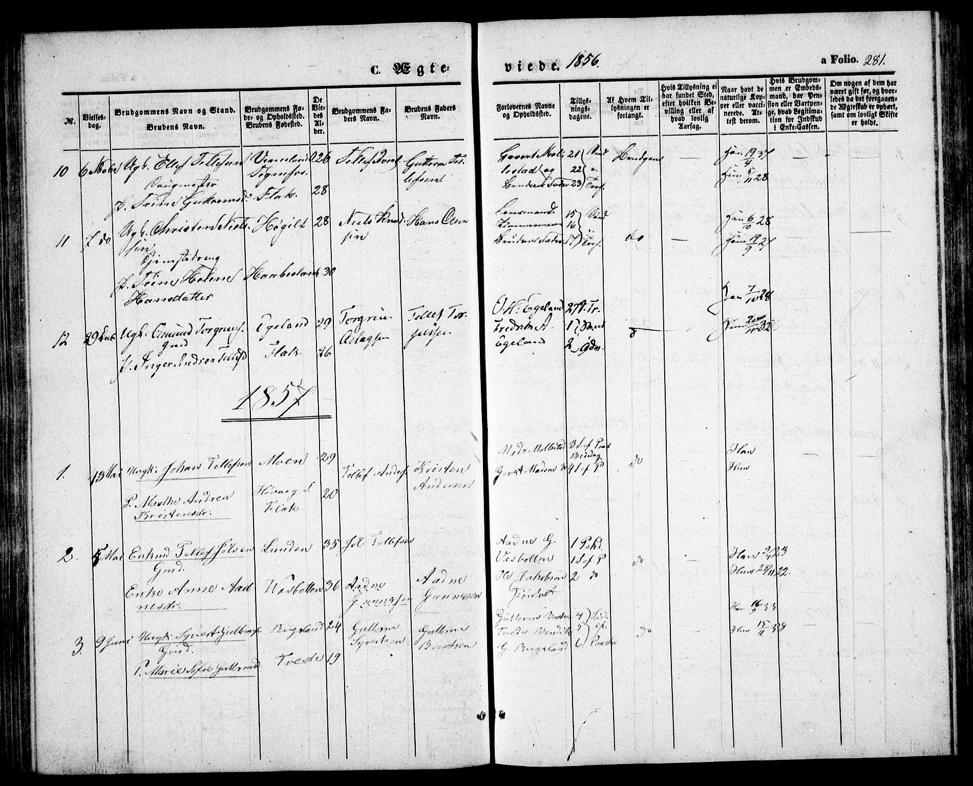 Birkenes sokneprestkontor, AV/SAK-1111-0004/F/Fb/L0002: Klokkerbok nr. B 2, 1849-1876, s. 281