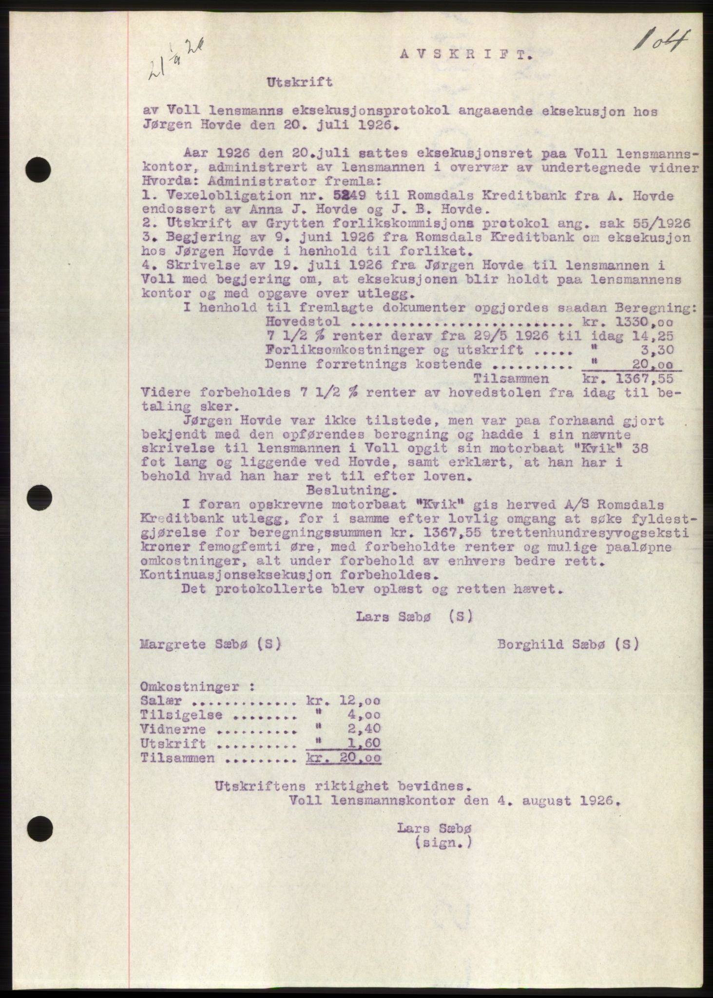 Romsdal sorenskriveri, AV/SAT-A-4149/1/2/2C/L0051: Pantebok nr. 45, 1926-1927, Tingl.dato: 01.09.1926