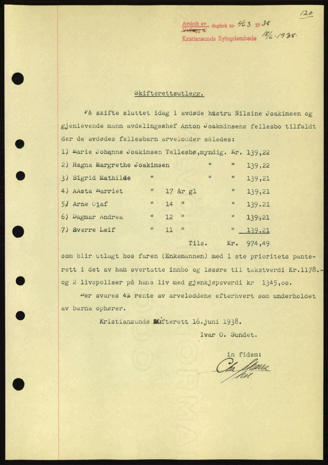 Kristiansund byfogd, AV/SAT-A-4587/A/27: Pantebok nr. 31, 1938-1939, Dagboknr: 463/1938