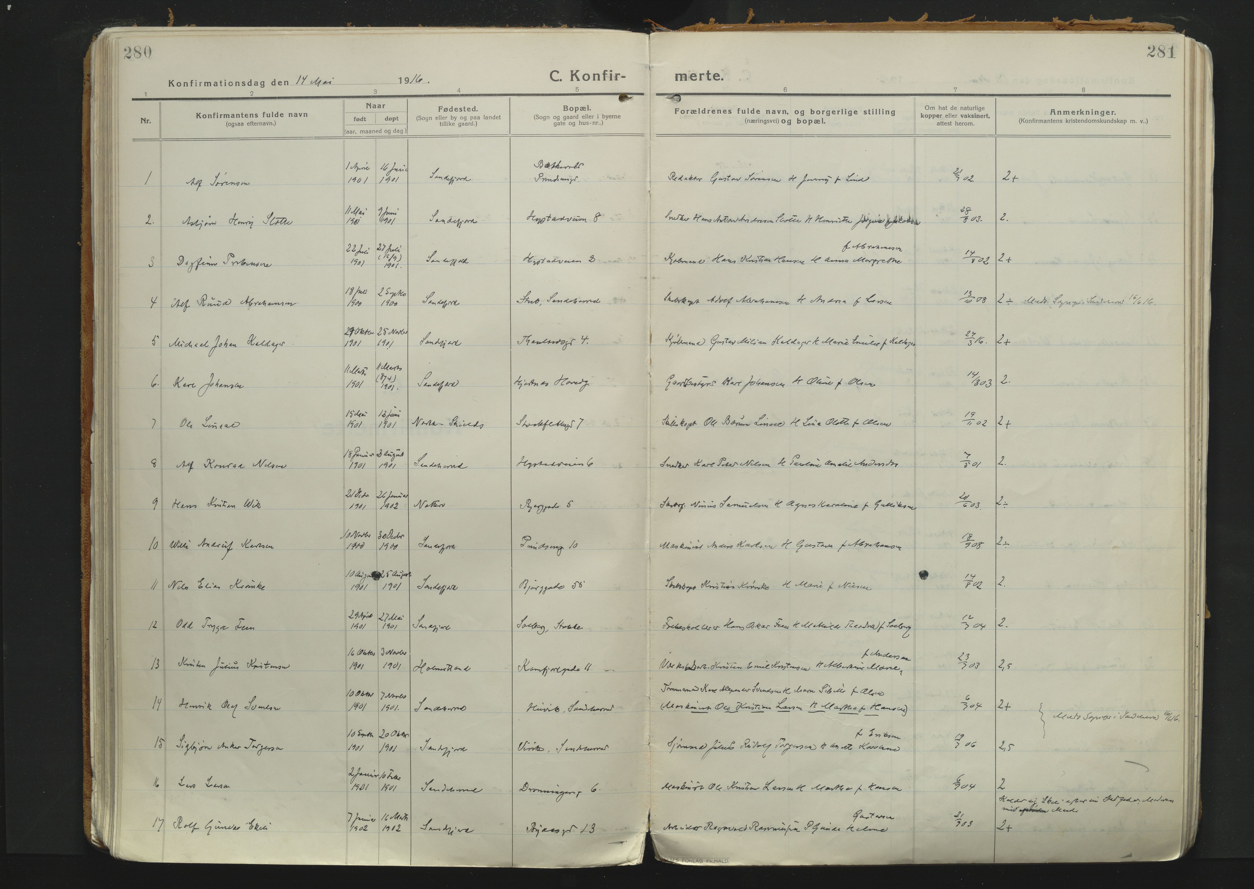 Sandefjord kirkebøker, SAKO/A-315/F/Fa/L0007: Ministerialbok nr. 7, 1916-1930, s. 280-281