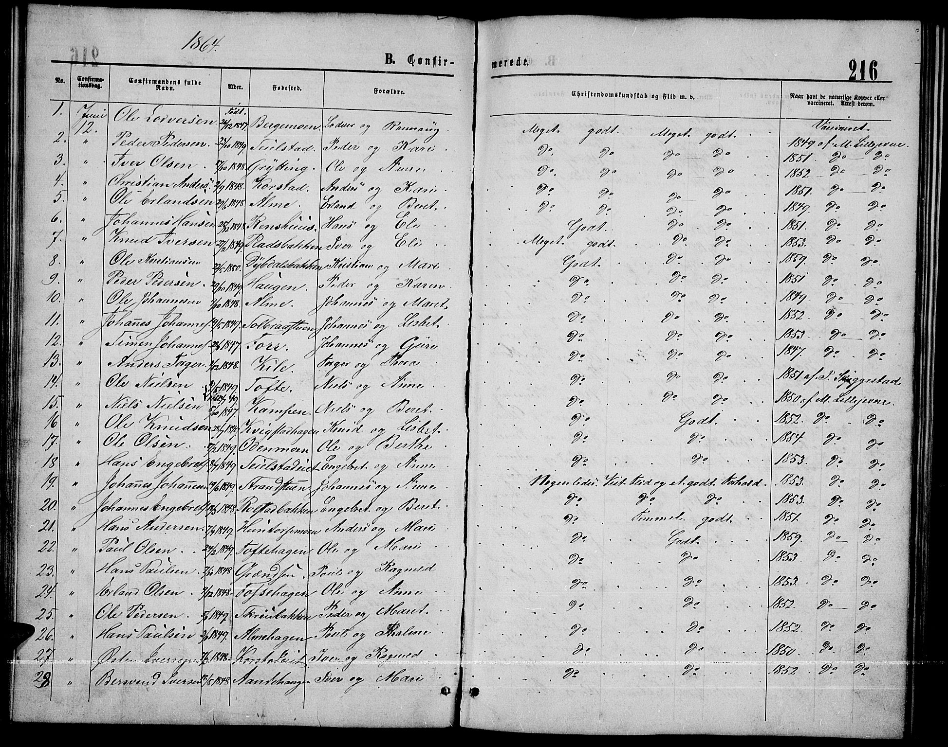 Sør-Fron prestekontor, AV/SAH-PREST-010/H/Ha/Hab/L0002: Klokkerbok nr. 2, 1864-1883, s. 216