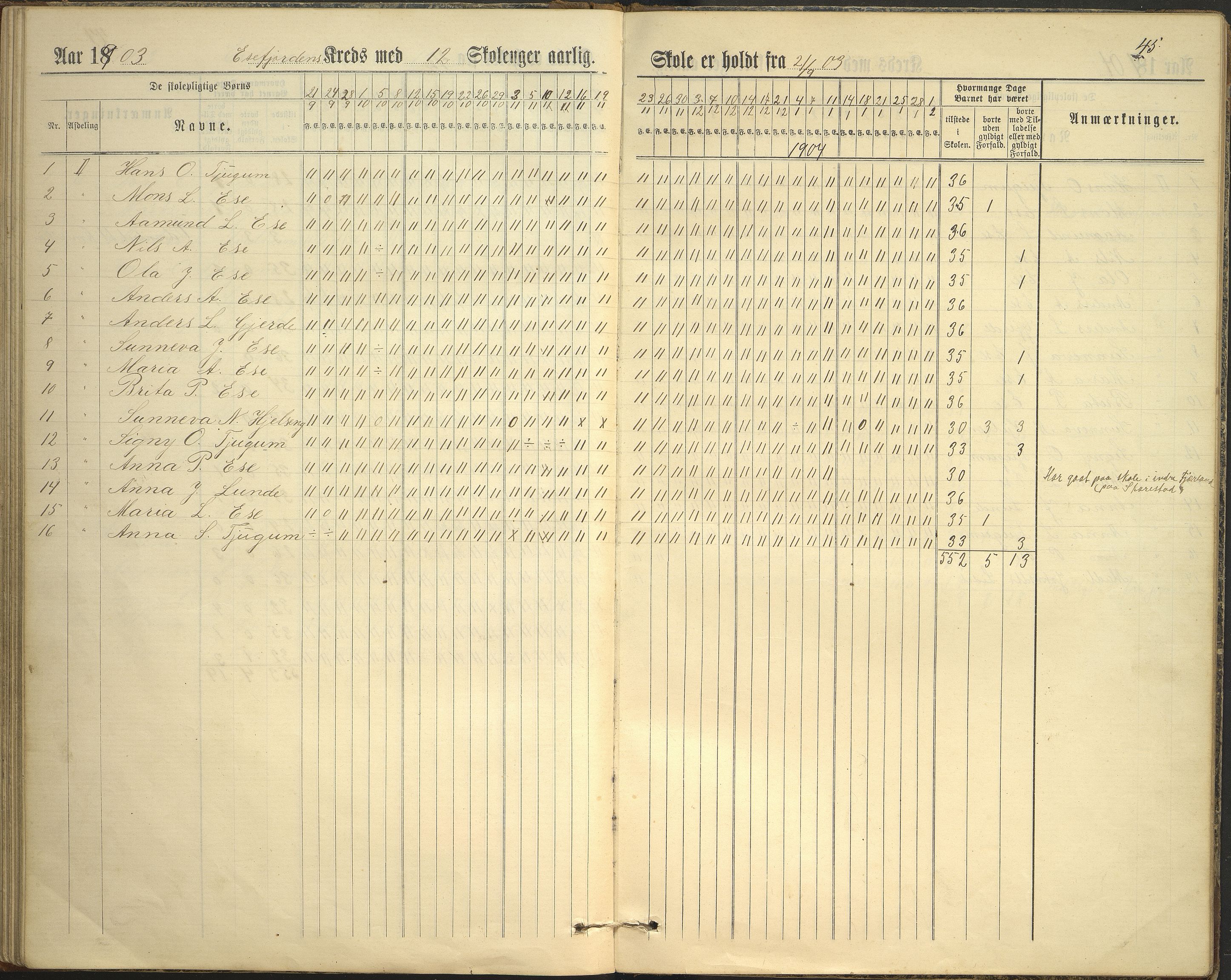 Balestrand kommune. Grøneng skule/Esefjorden skulekrins, VLFK/K-14180.520.07/543/L0001: dagbok for Esefjorden skulekrins, 1882-1905, s. 45