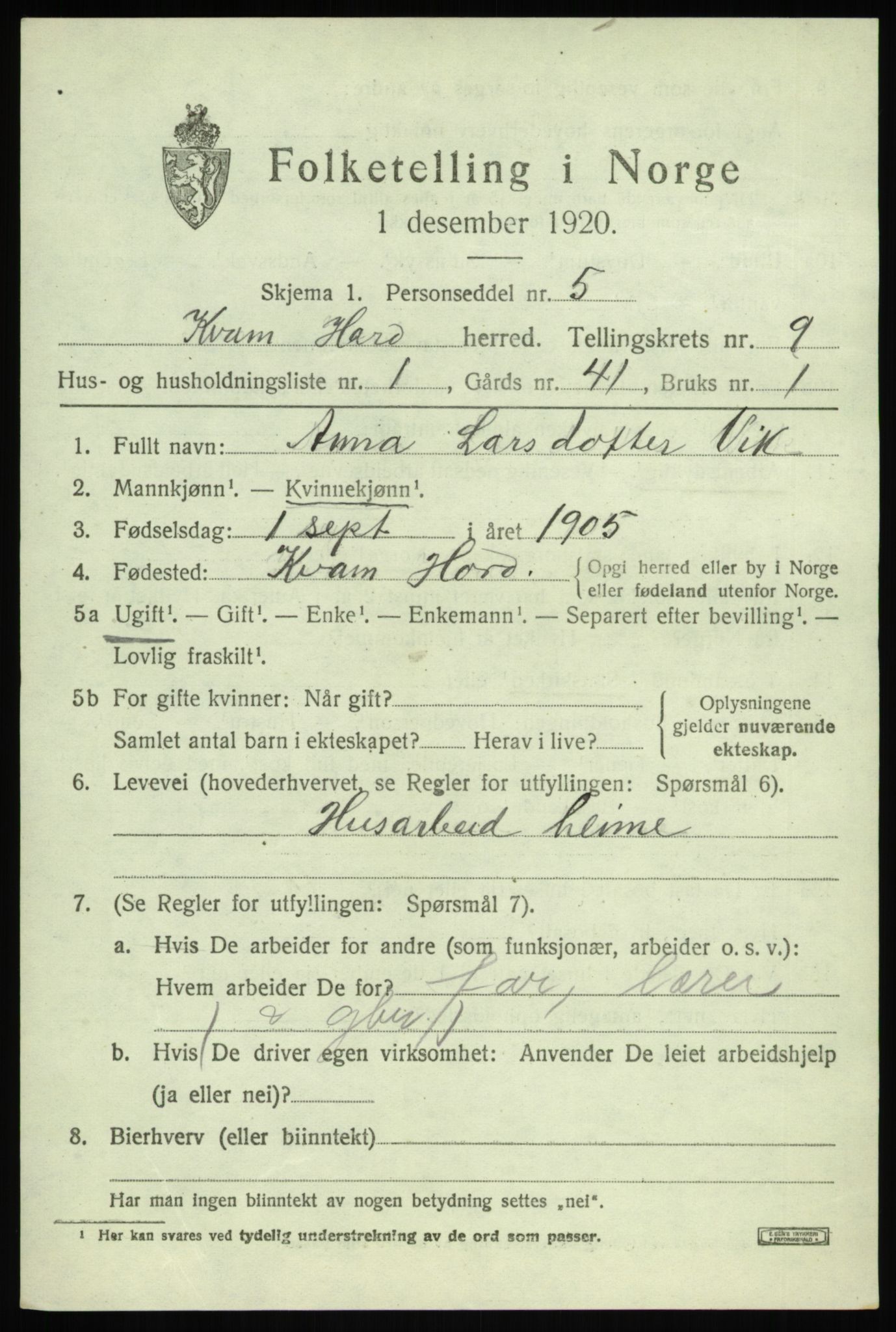 SAB, Folketelling 1920 for 1238 Kvam herred, 1920, s. 5653