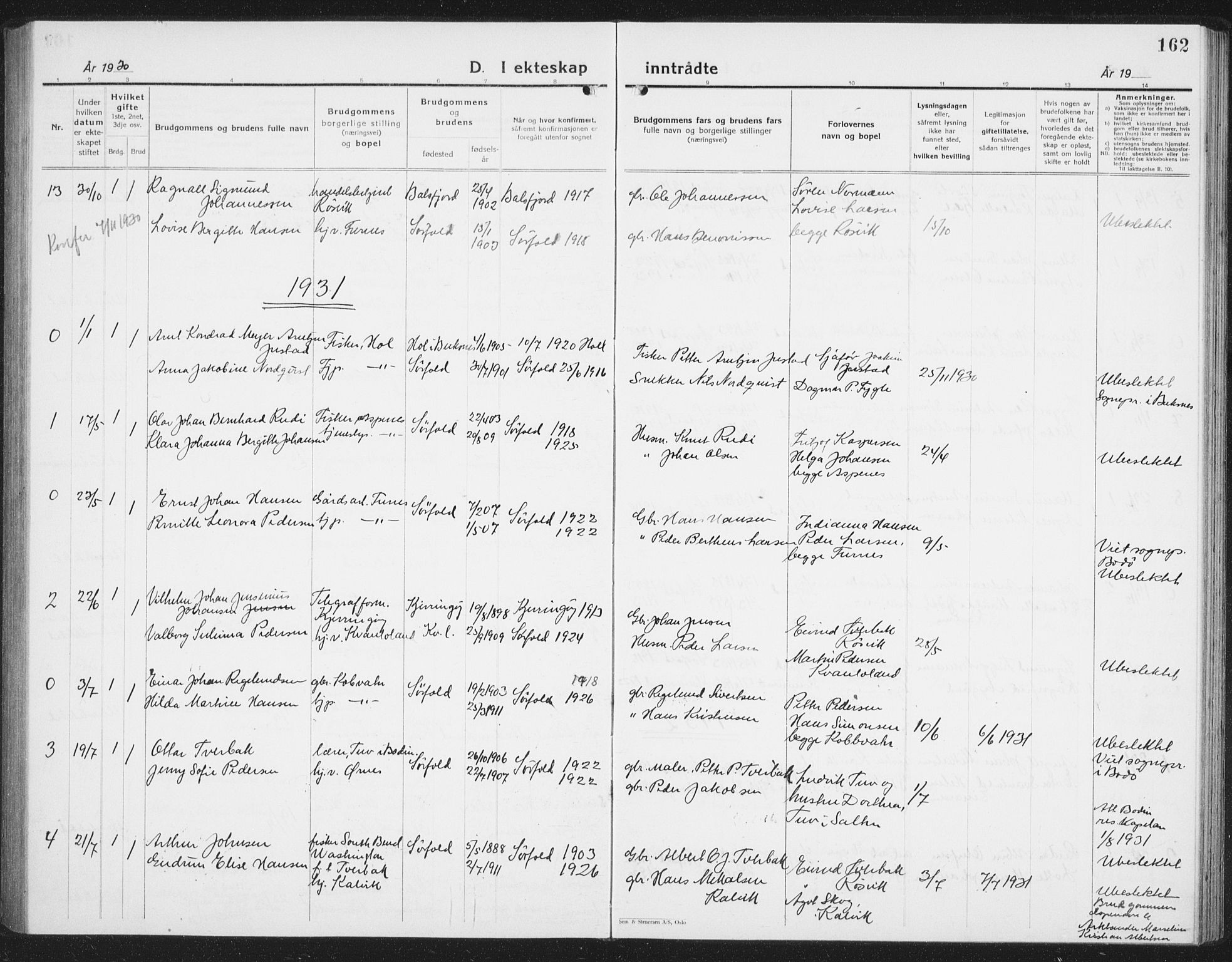Ministerialprotokoller, klokkerbøker og fødselsregistre - Nordland, SAT/A-1459/854/L0788: Klokkerbok nr. 854C04, 1926-1940, s. 162