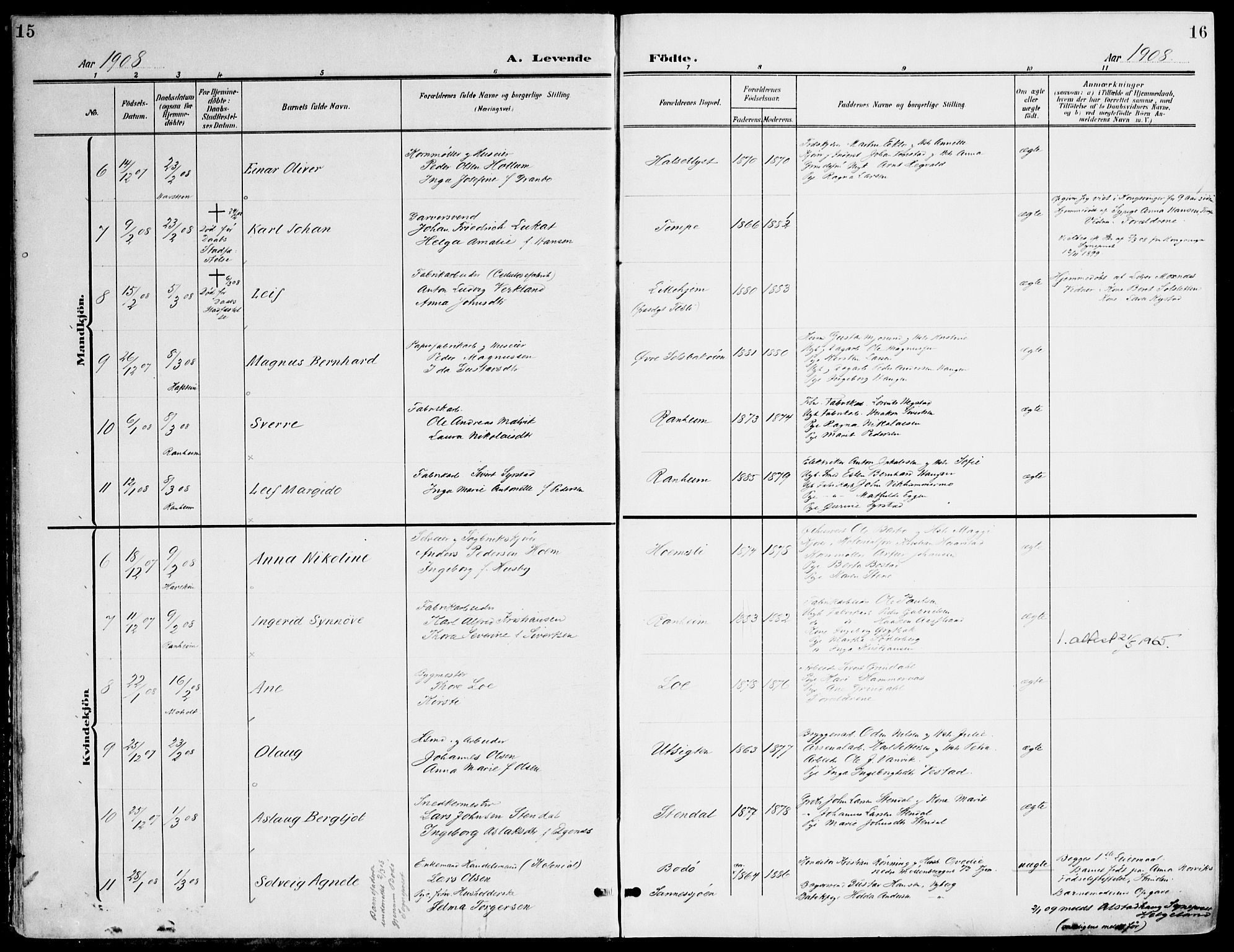 Ministerialprotokoller, klokkerbøker og fødselsregistre - Sør-Trøndelag, SAT/A-1456/607/L0320: Ministerialbok nr. 607A04, 1907-1915, s. 15-16