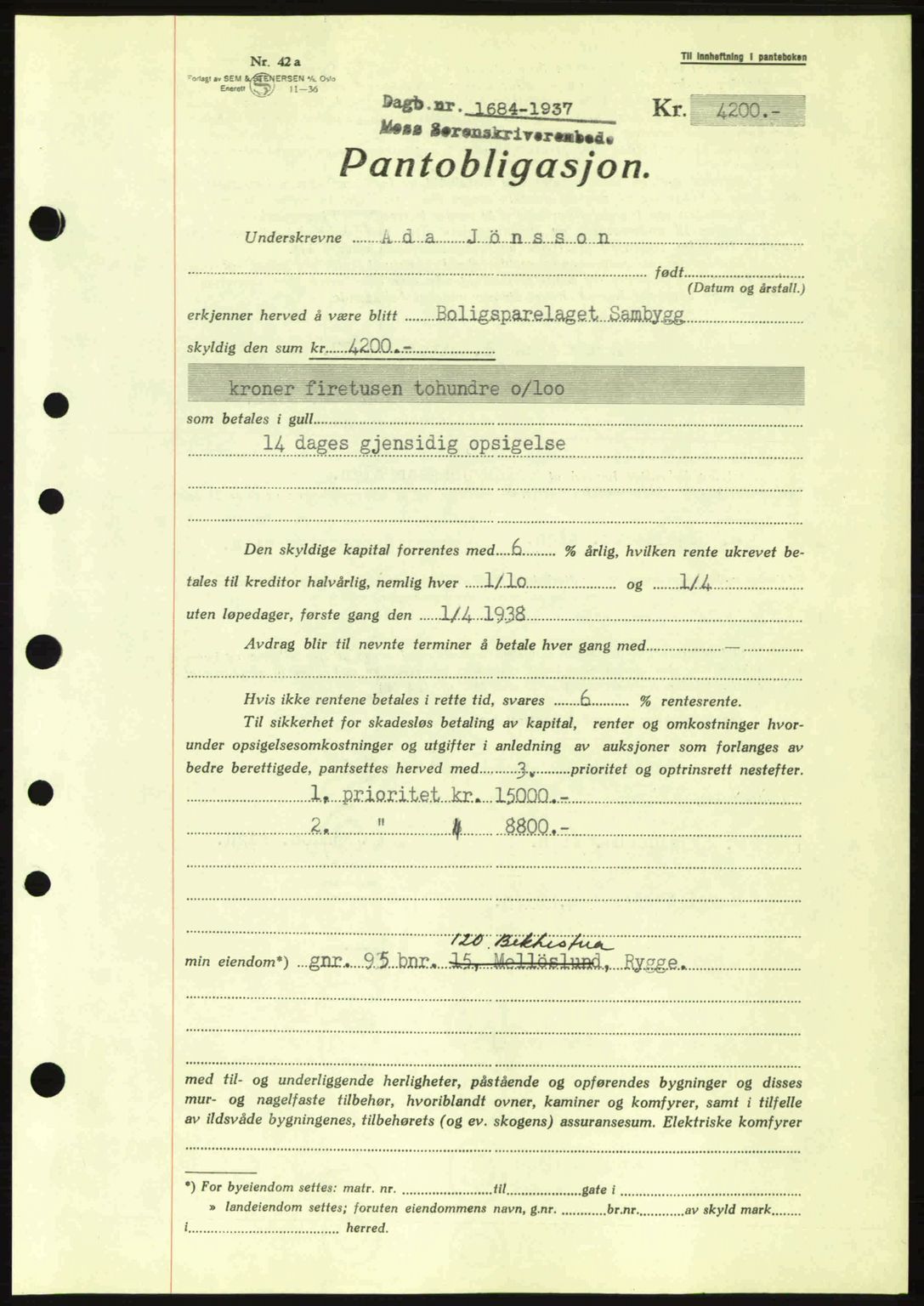 Moss sorenskriveri, SAO/A-10168: Pantebok nr. B4, 1937-1938, Dagboknr: 1684/1937