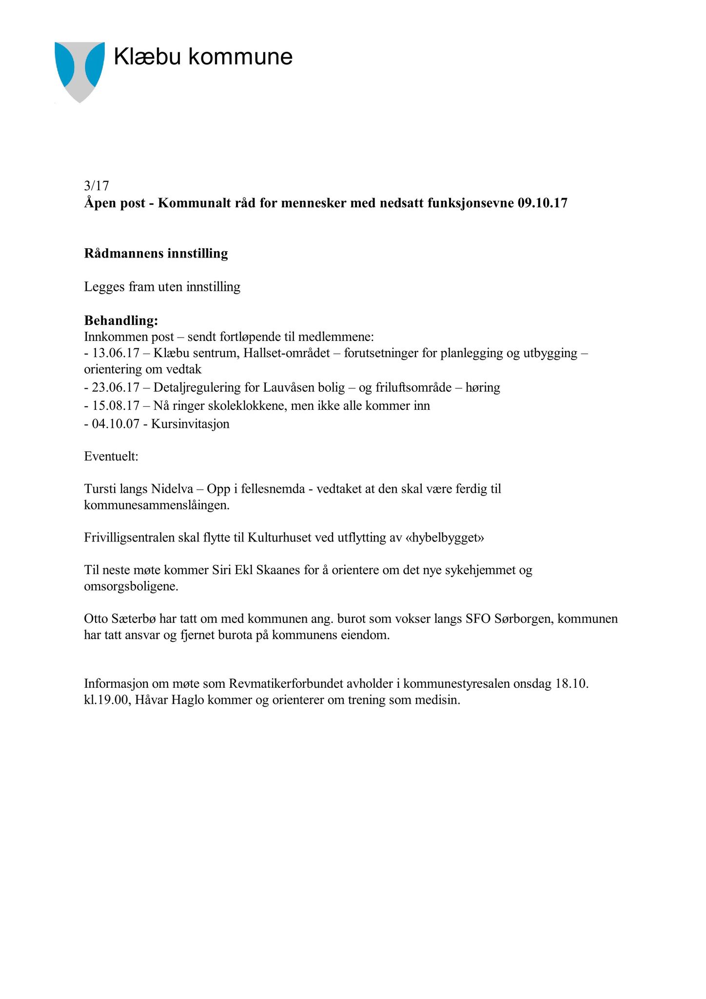 Klæbu Kommune, TRKO/KK/08-KMNF/L007: Kommunalt råd for mennesker med nedsatt funksjonsevne - Møteoversikt, 2017, s. 18