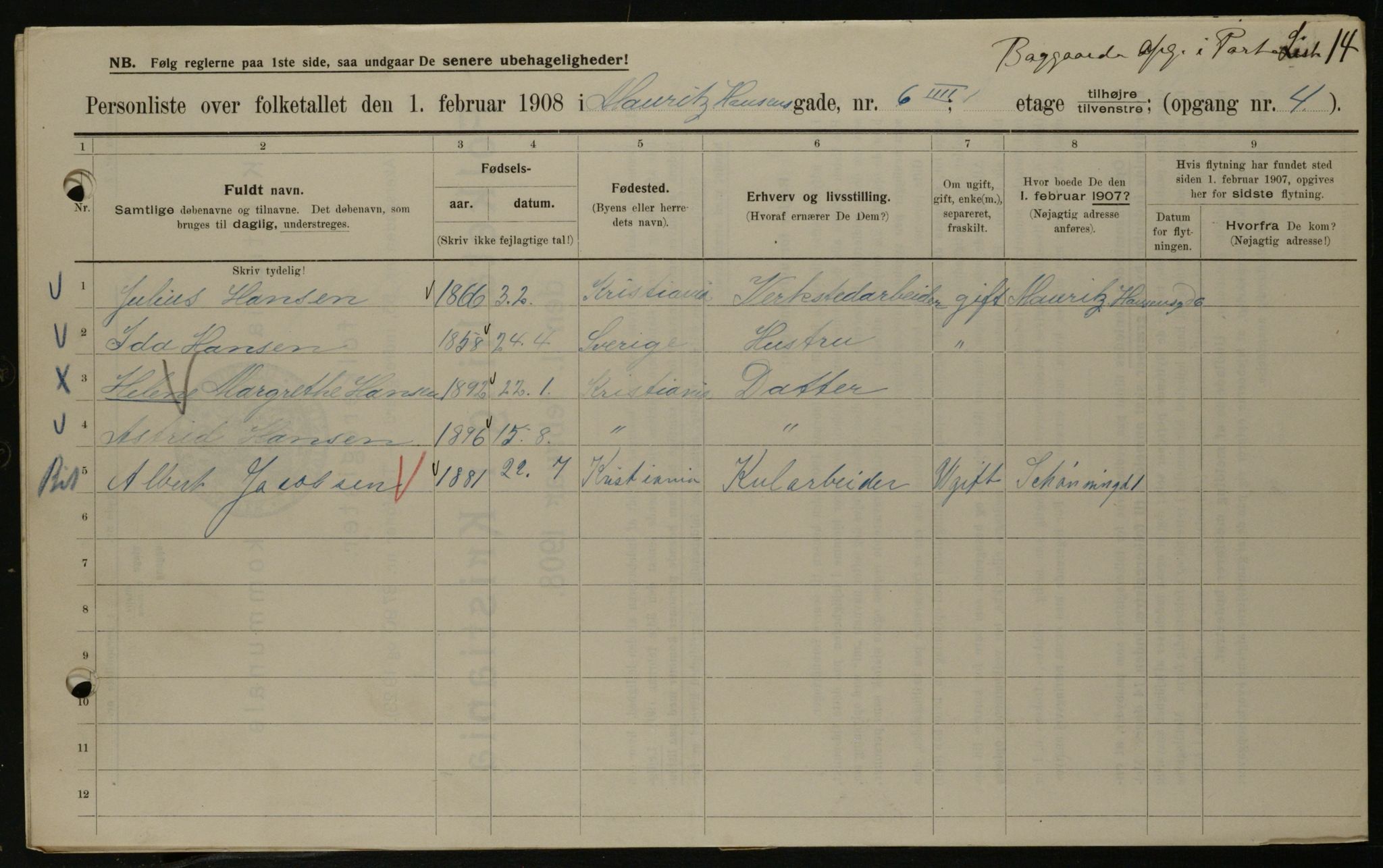 OBA, Kommunal folketelling 1.2.1908 for Kristiania kjøpstad, 1908, s. 58278