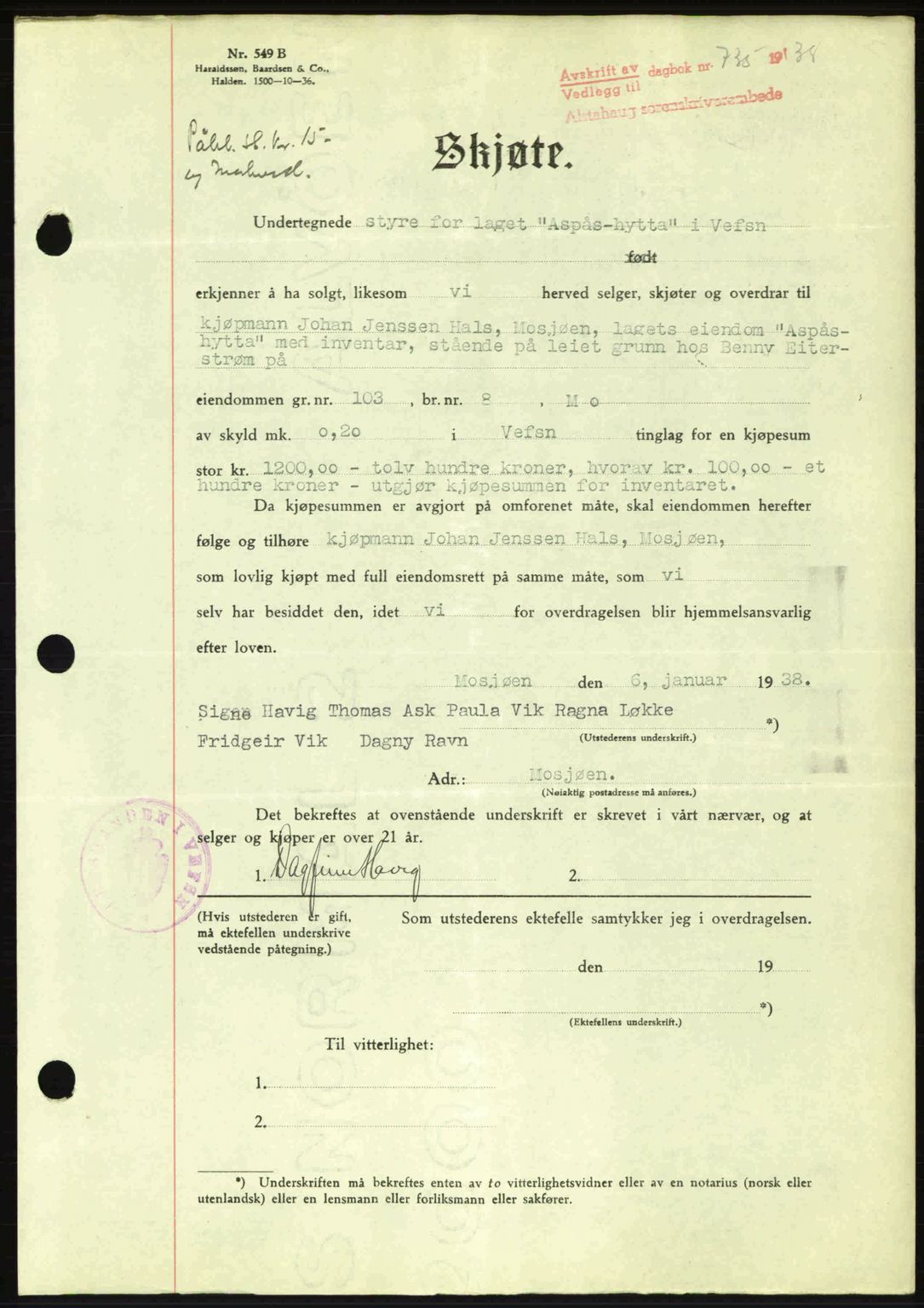 Alstahaug sorenskriveri, SAT/A-1009: Pantebok nr. A3, 1937-1938, Dagboknr: 735/1938