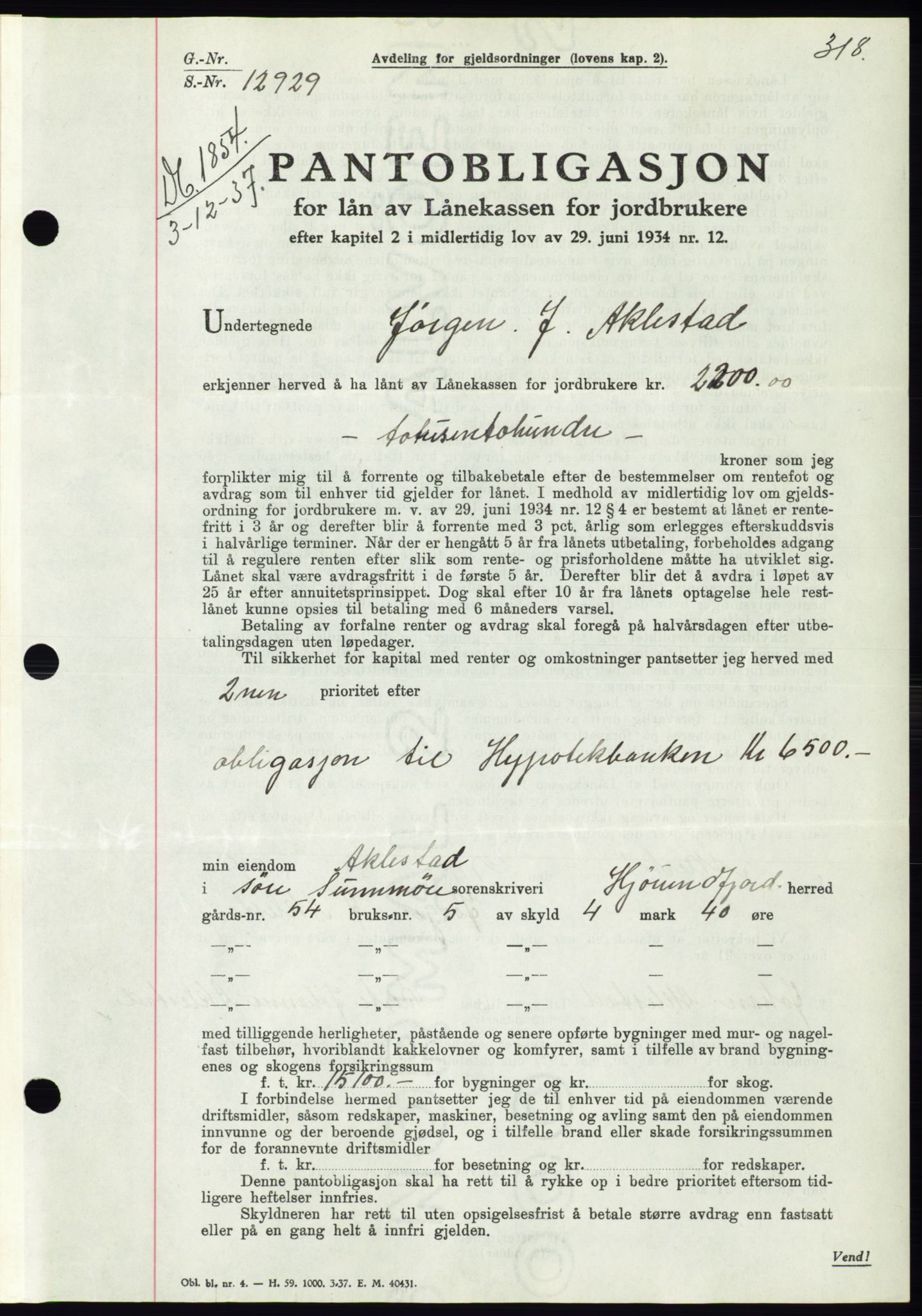 Søre Sunnmøre sorenskriveri, AV/SAT-A-4122/1/2/2C/L0064: Pantebok nr. 58, 1937-1938, Dagboknr: 1854/1937