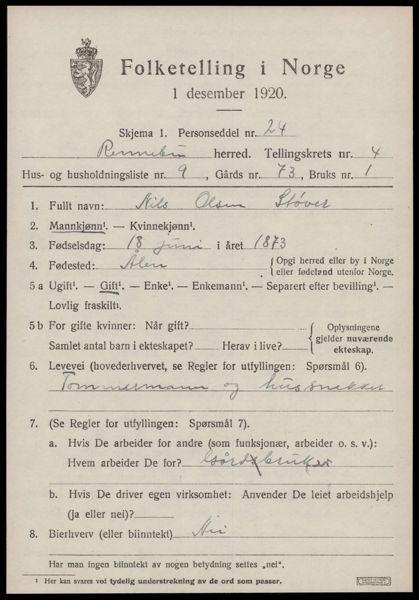 SAT, Folketelling 1920 for 1635 Rennebu herred, 1920, s. 2696