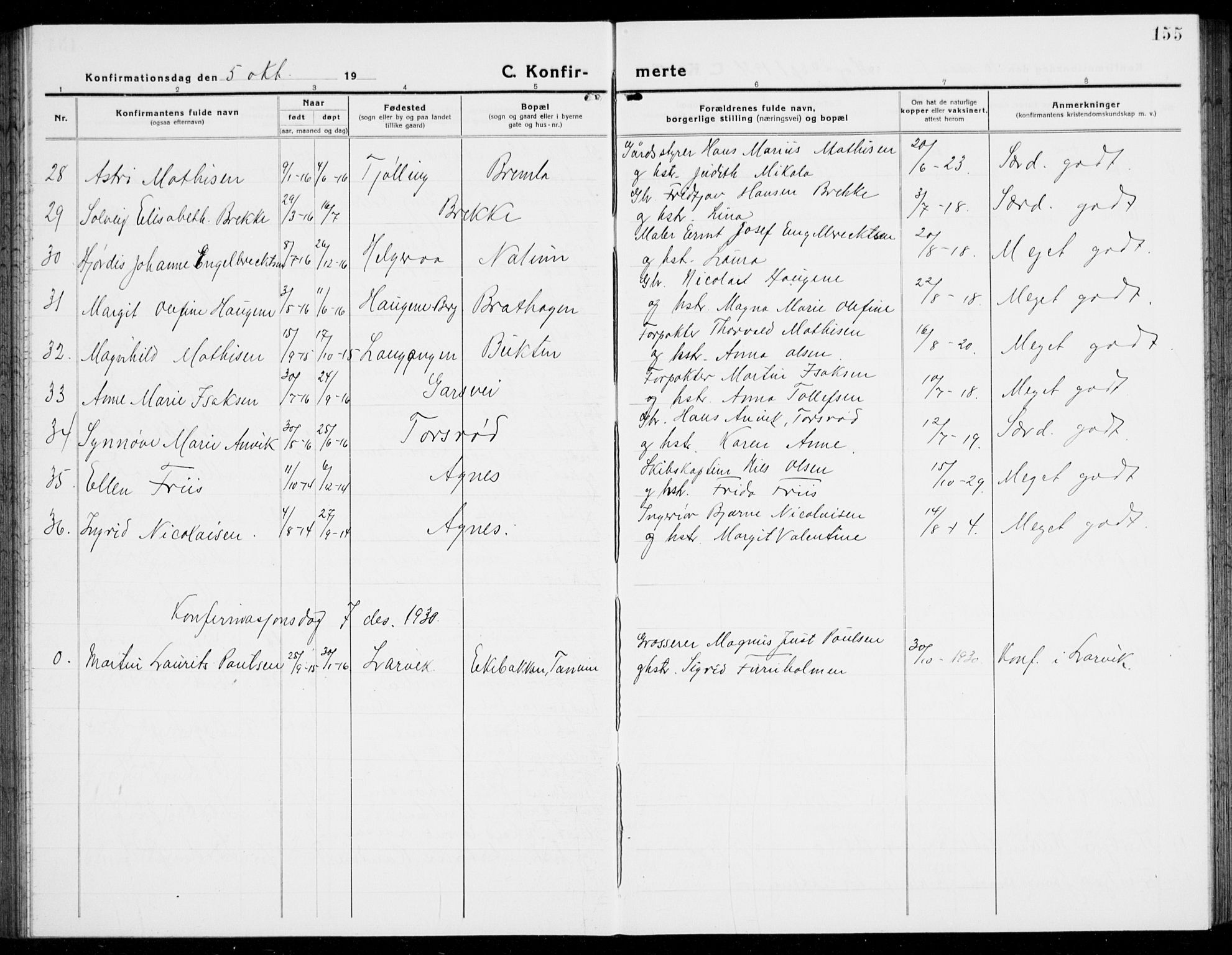 Brunlanes kirkebøker, AV/SAKO-A-342/G/Ga/L0005: Klokkerbok nr. I 5, 1918-1941, s. 155