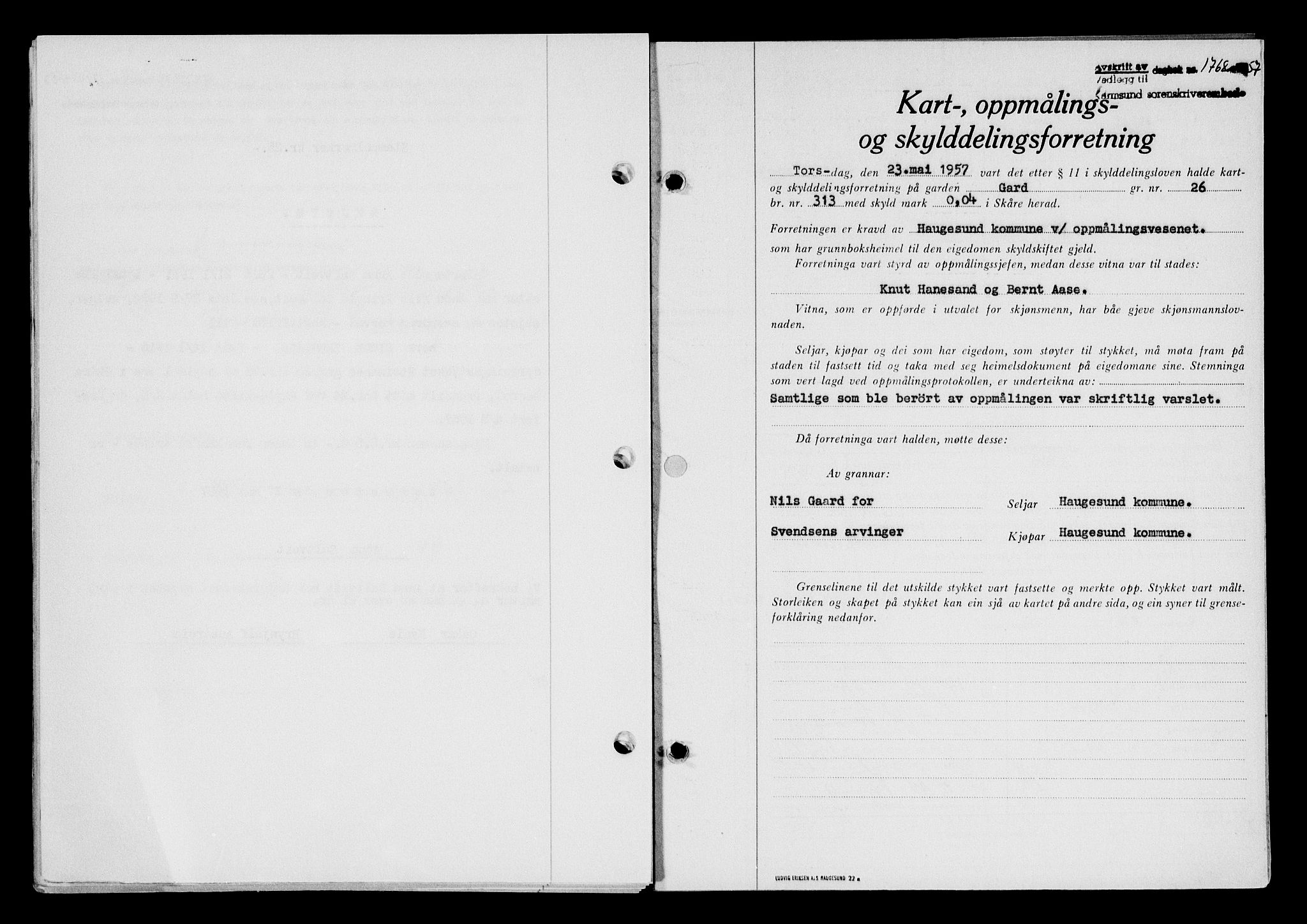 Karmsund sorenskriveri, SAST/A-100311/01/II/IIB/L0125: Pantebok nr. 105A, 1957-1957, Dagboknr: 1768/1957
