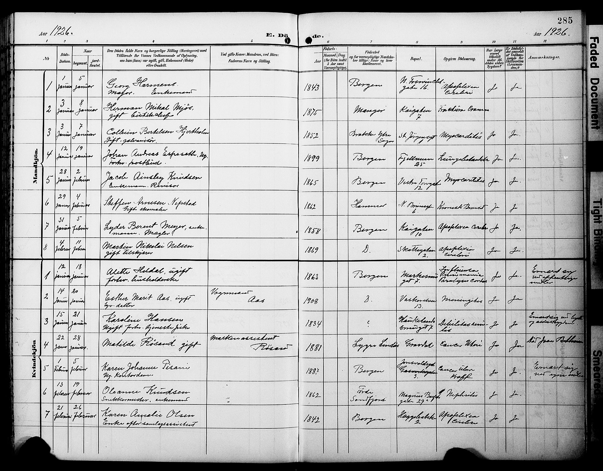 Domkirken sokneprestembete, AV/SAB-A-74801/H/Hab/L0042: Klokkerbok nr. E 6, 1900-1929, s. 285