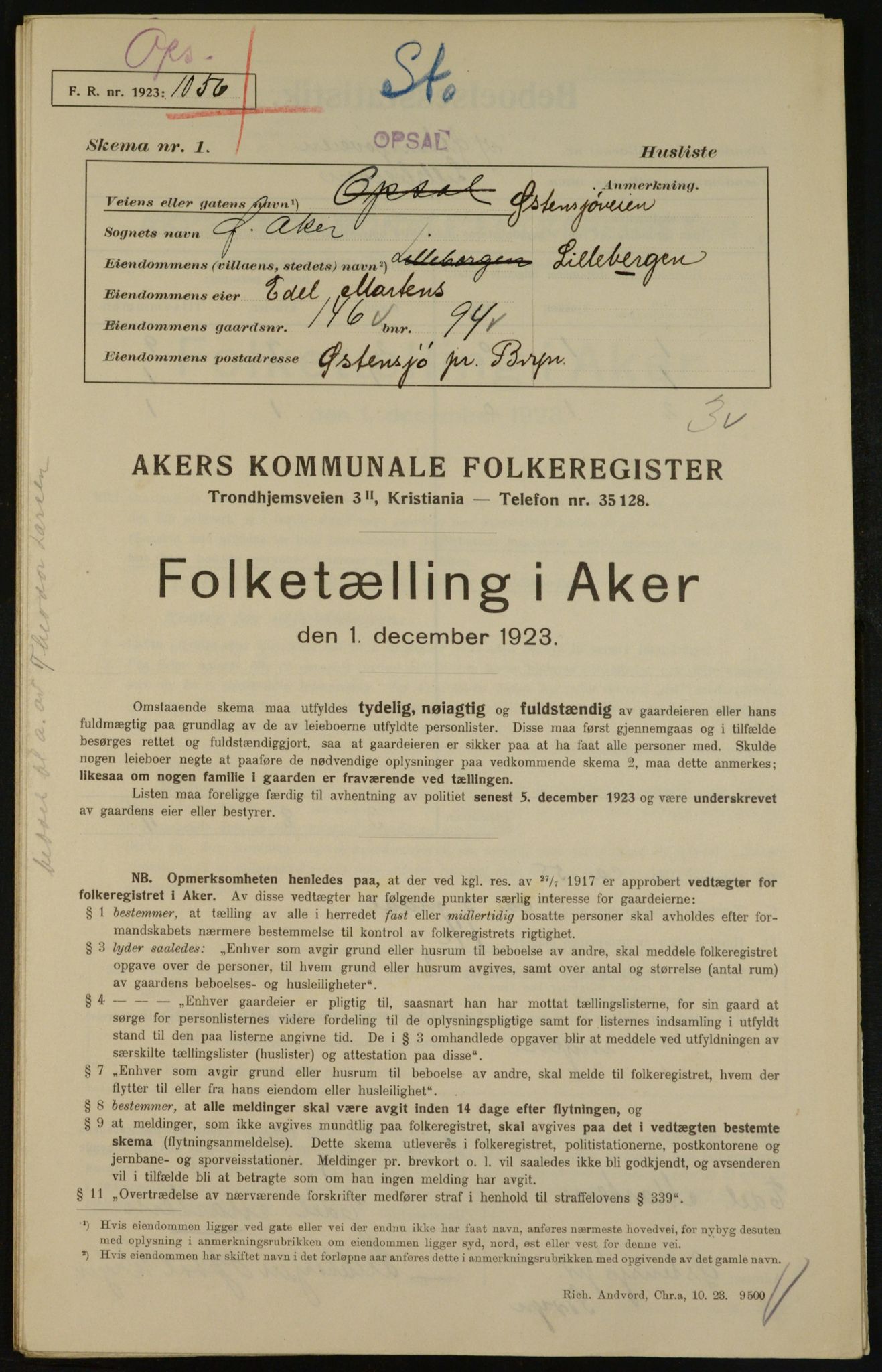 , Kommunal folketelling 1.12.1923 for Aker, 1923, s. 29250