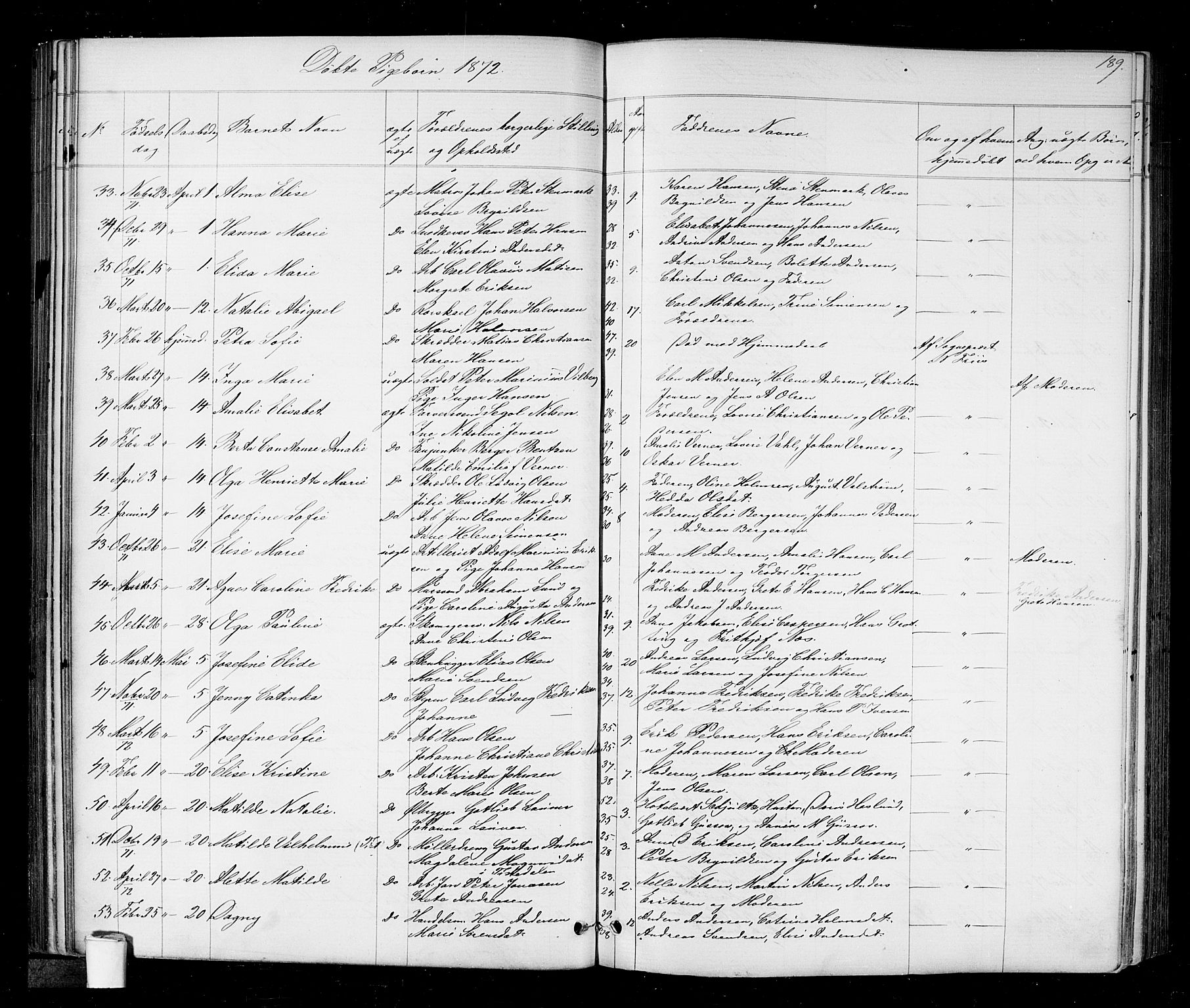 Halden prestekontor Kirkebøker, AV/SAO-A-10909/G/Ga/L0006: Klokkerbok nr. 6, 1869-1884, s. 189