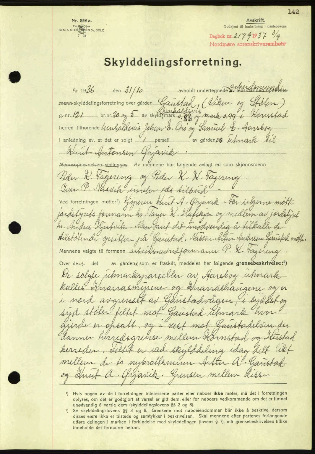 Nordmøre sorenskriveri, AV/SAT-A-4132/1/2/2Ca: Pantebok nr. A82, 1937-1938, Dagboknr: 2179/1937