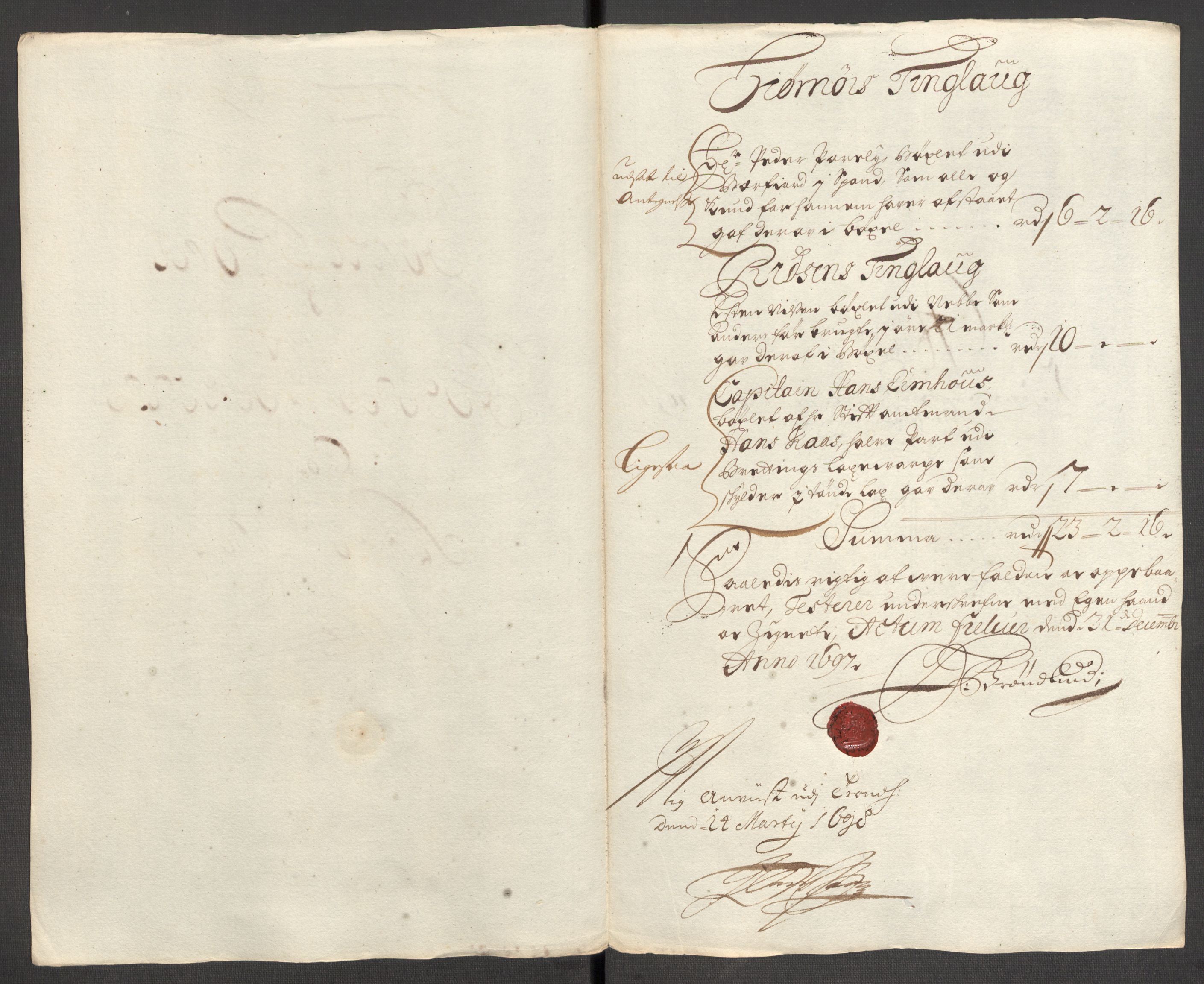 Rentekammeret inntil 1814, Reviderte regnskaper, Fogderegnskap, AV/RA-EA-4092/R57/L3852: Fogderegnskap Fosen, 1697, s. 41