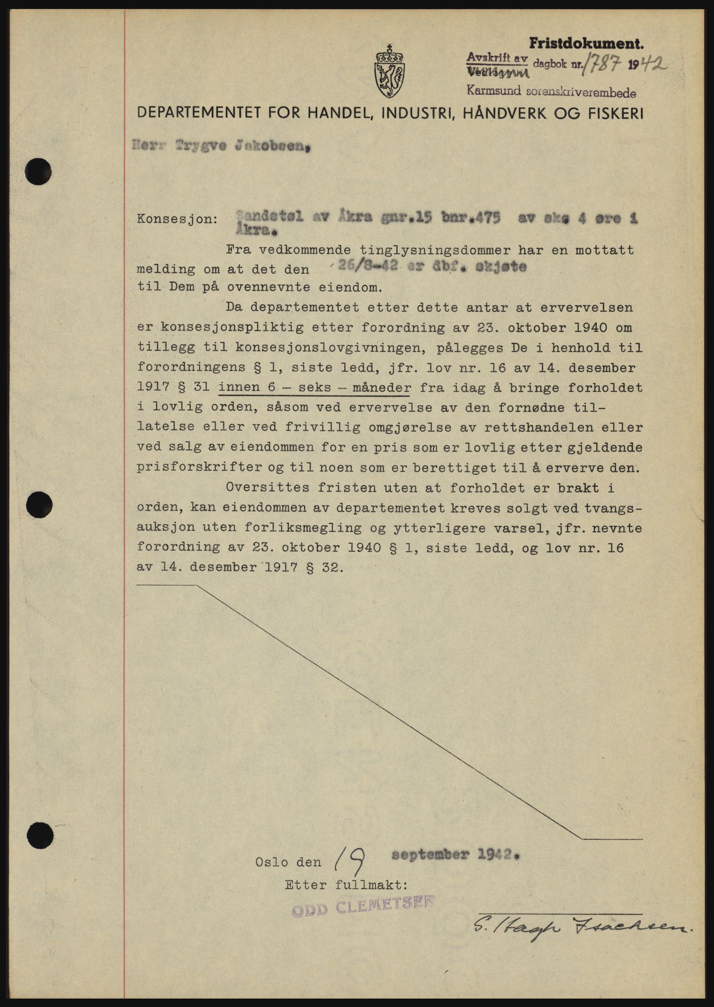 Karmsund sorenskriveri, SAST/A-100311/01/II/IIBBE/L0008: Pantebok nr. B 54, 1942-1943, Dagboknr: 1787/1942