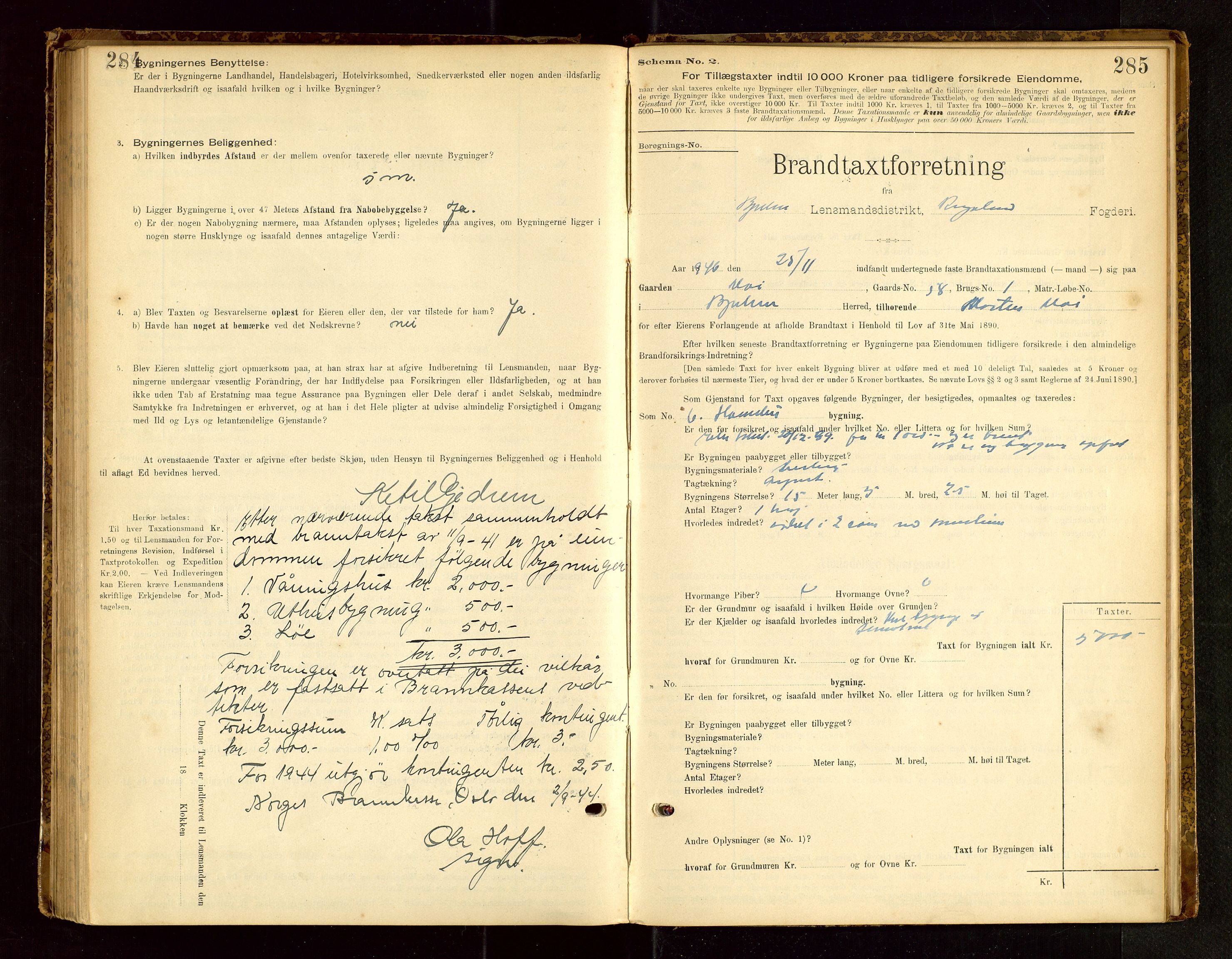 Bjerkreim lensmannskontor, SAST/A-100090/Gob/L0001: "Brandtaxationsprotokol", 1895-1950, s. 284-285