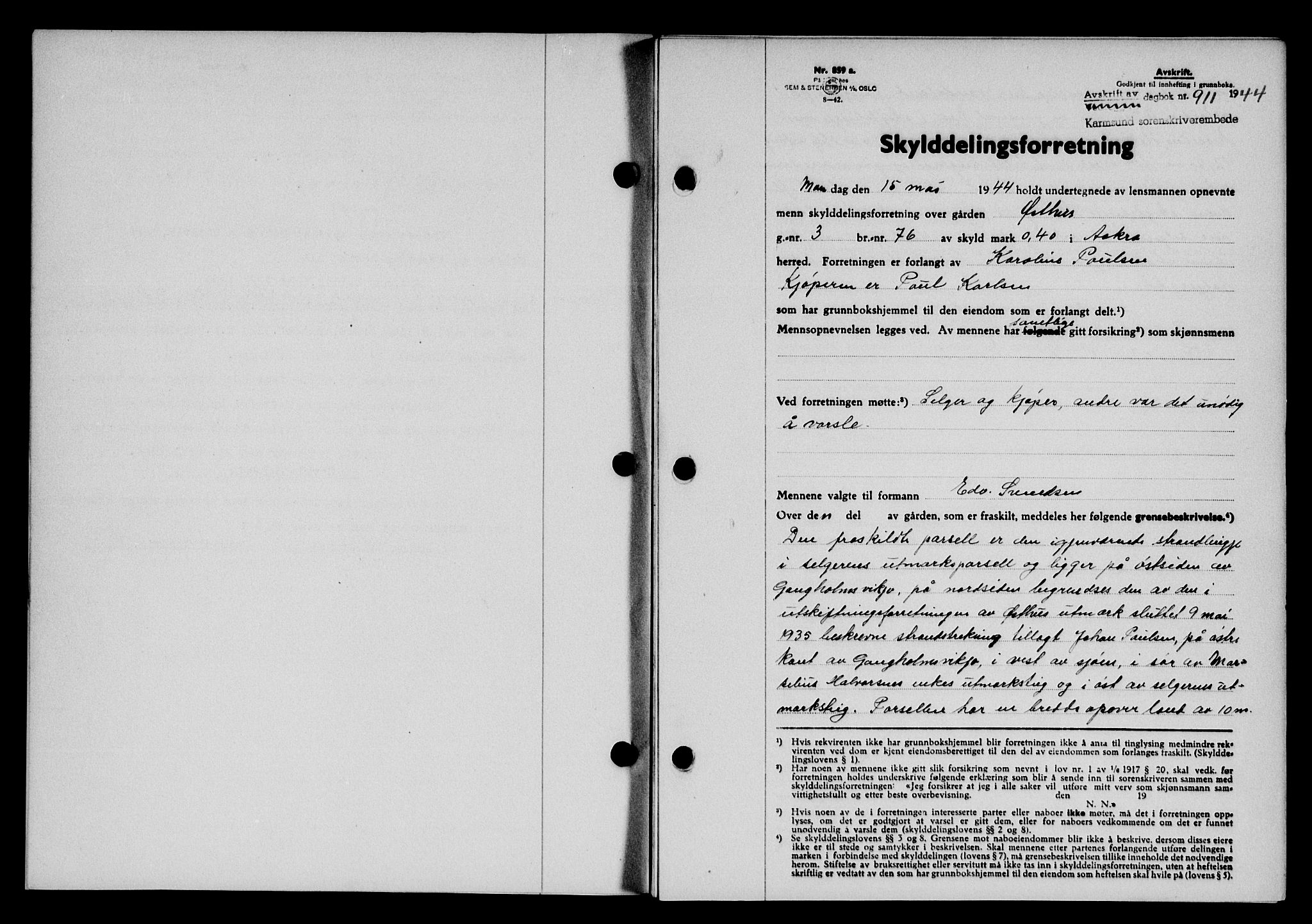 Karmsund sorenskriveri, SAST/A-100311/01/II/IIB/L0082: Pantebok nr. 63A, 1944-1944, Dagboknr: 911/1944