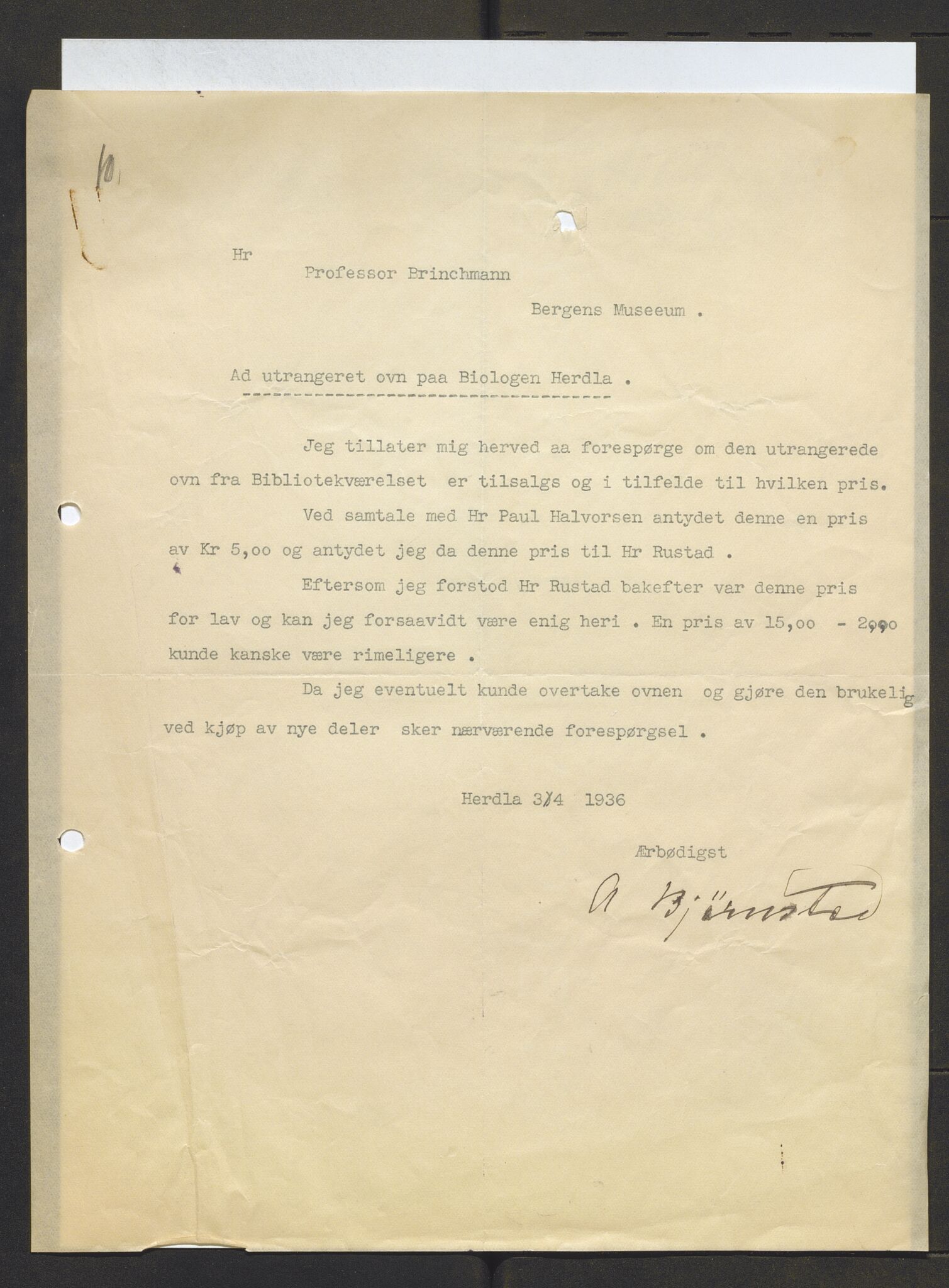 Bergens Museum, AV/SAB-A-17301/13/D/L0002: Korrespondanse , 1928-1940, s. 350