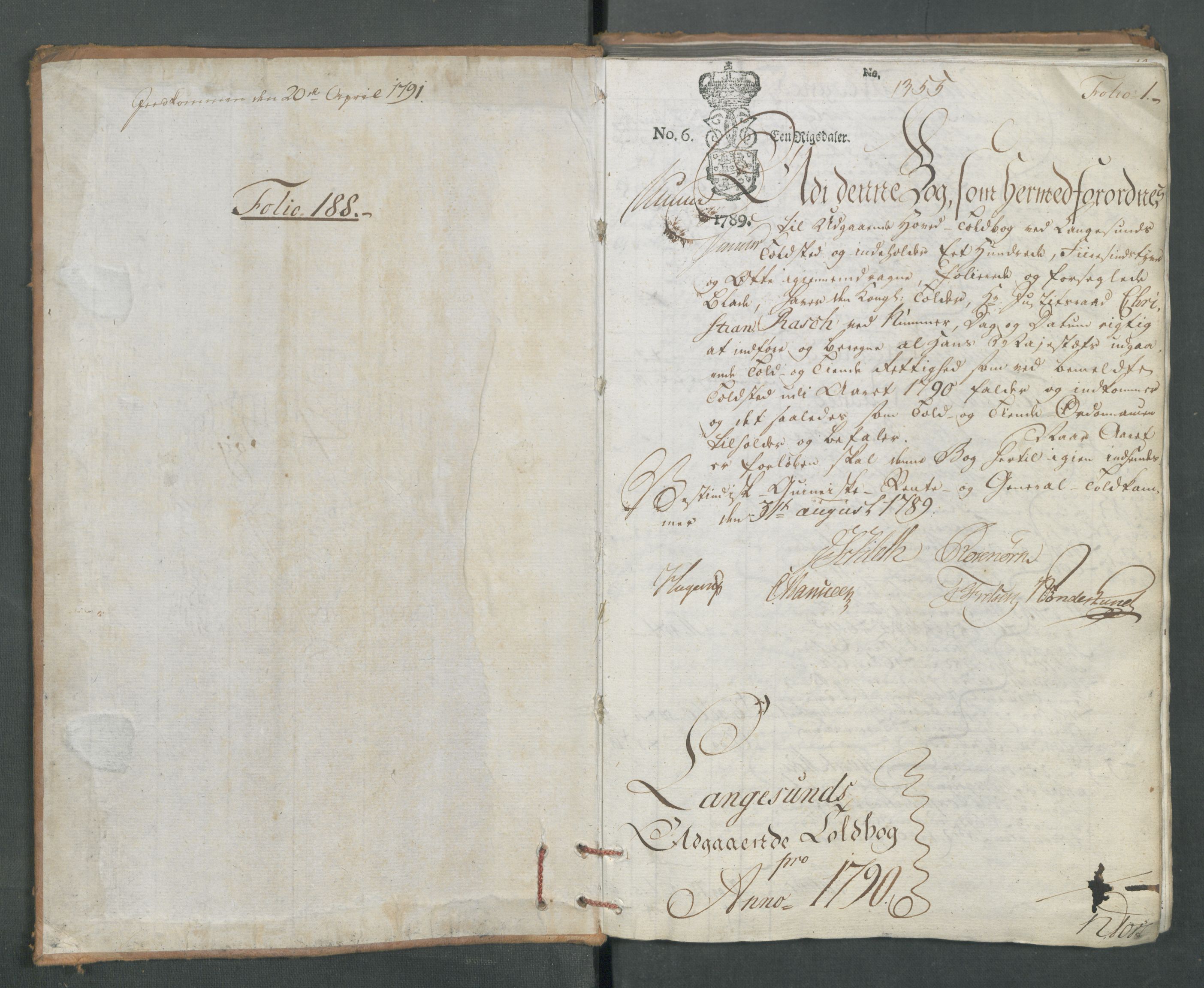 Generaltollkammeret, tollregnskaper, RA/EA-5490/R12/L0127/0001: Tollregnskaper Langesund / Utgående tollbok, 1790