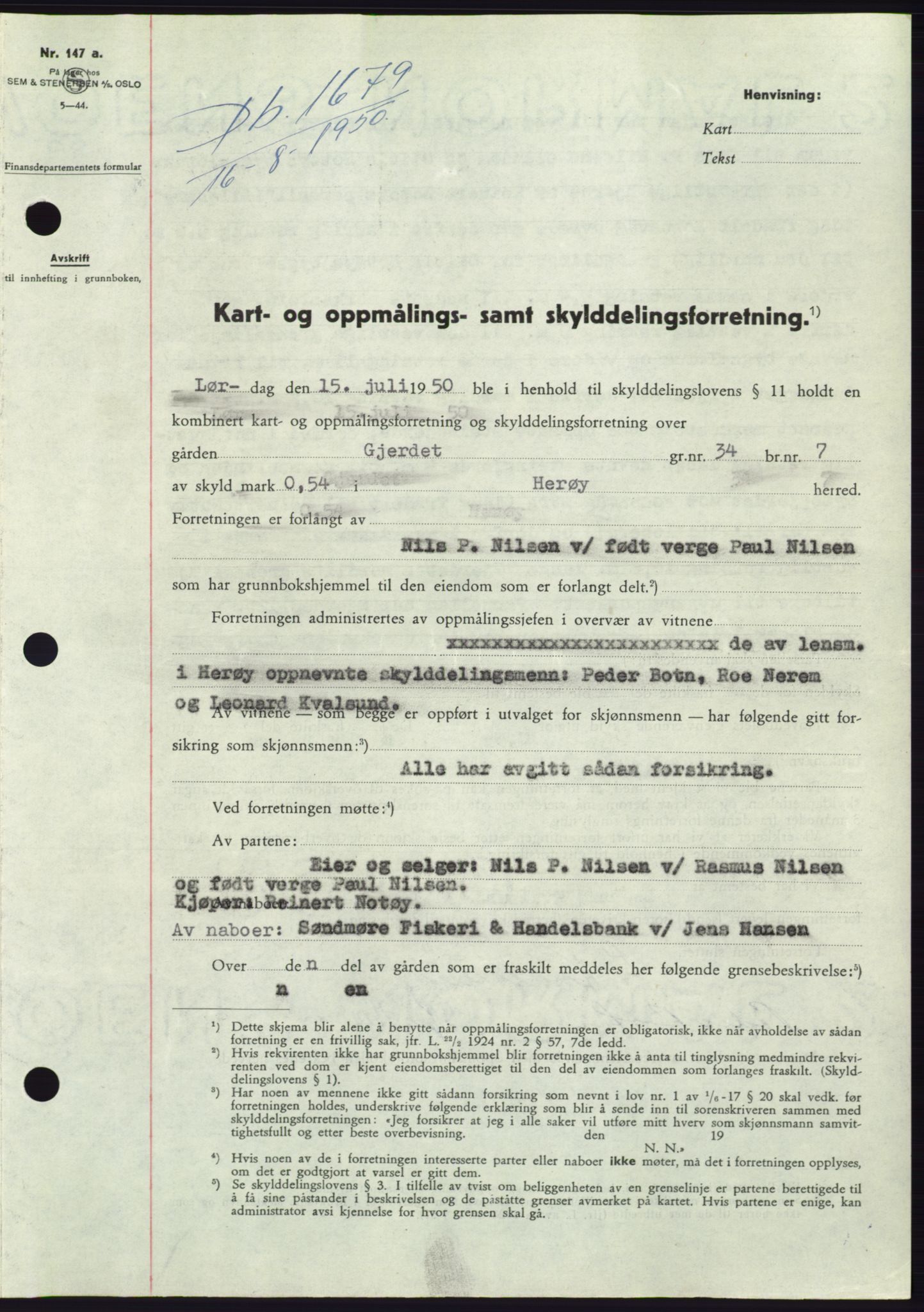 Søre Sunnmøre sorenskriveri, SAT/A-4122/1/2/2C/L0087: Pantebok nr. 13A, 1950-1950, Dagboknr: 1679/1950