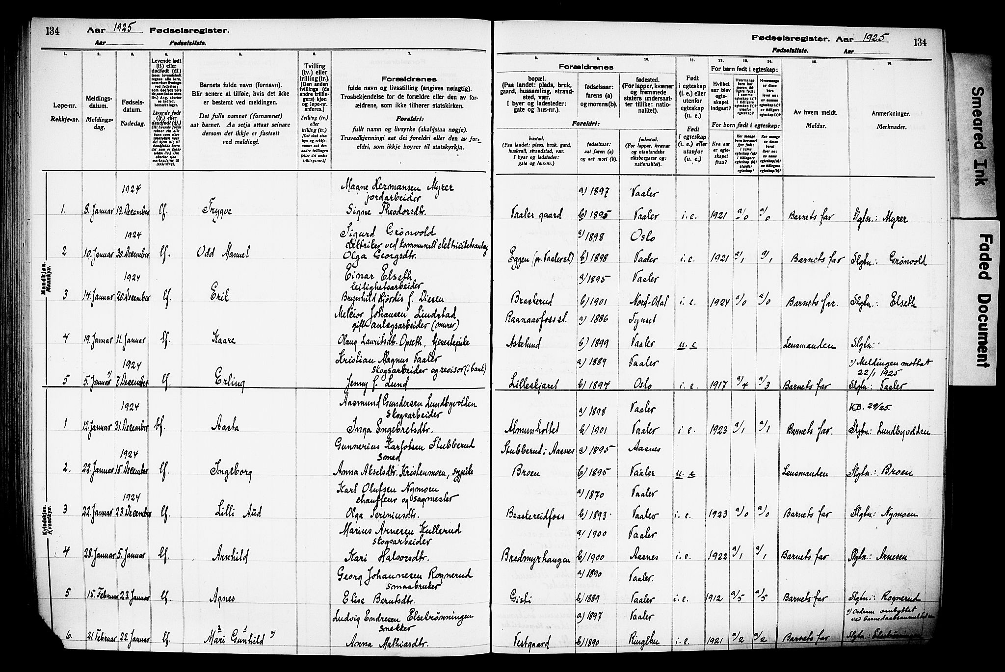 Våler prestekontor, Hedmark, SAH/PREST-040/I/Id/L0001: Fødselsregister nr. 1, 1916-1930, s. 134