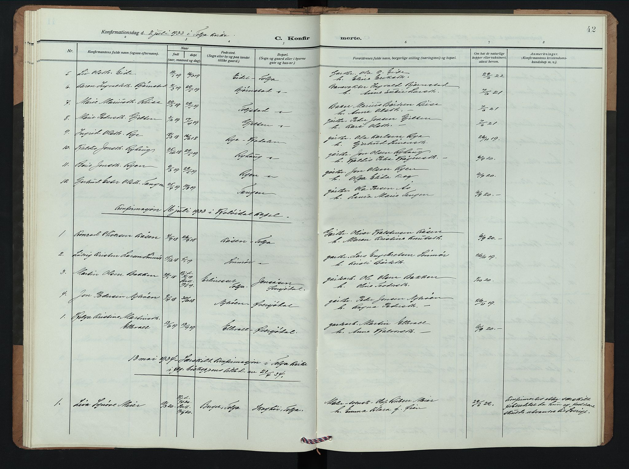 Tolga prestekontor, AV/SAH-PREST-062/L/L0013: Klokkerbok nr. 13, 1908-1948, s. 42