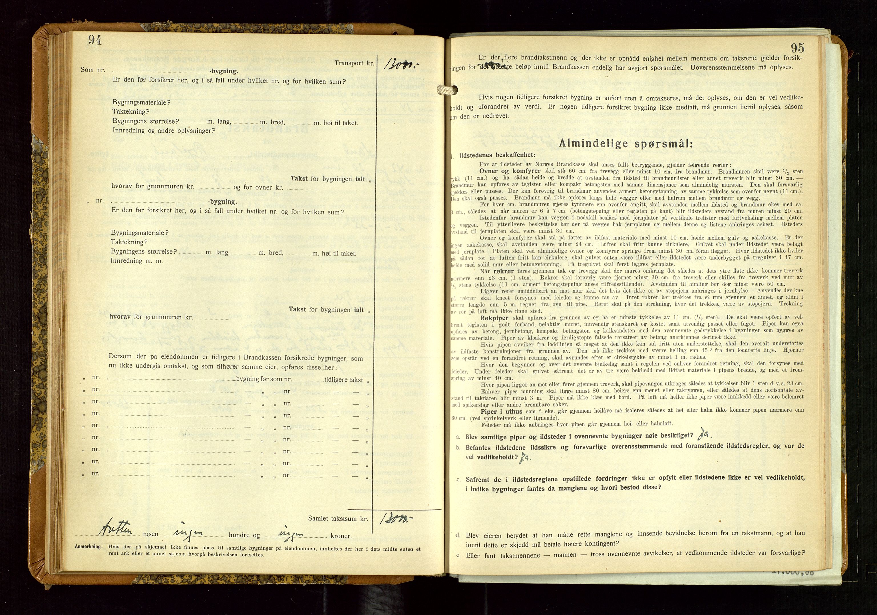 Sand lensmannskontor, AV/SAST-A-100415/Goc/L0002: "Brandtaxationsprotokol", 1936-1952, s. 94-95